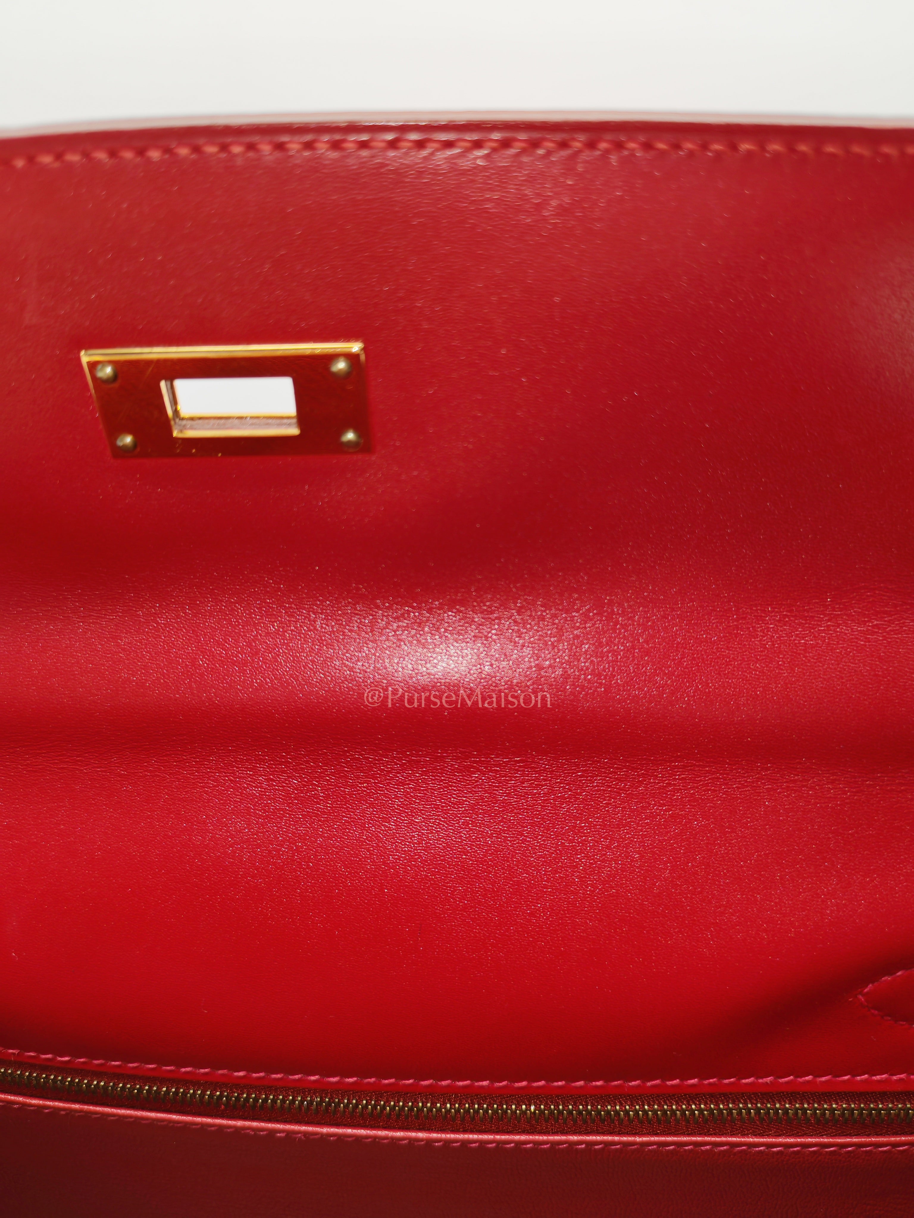 Kelly 32 Retourne in Rouge Vif Tadelakt Leather and Gold Hardware Stamp X (2016) | Purse Maison Luxury Bags Shop