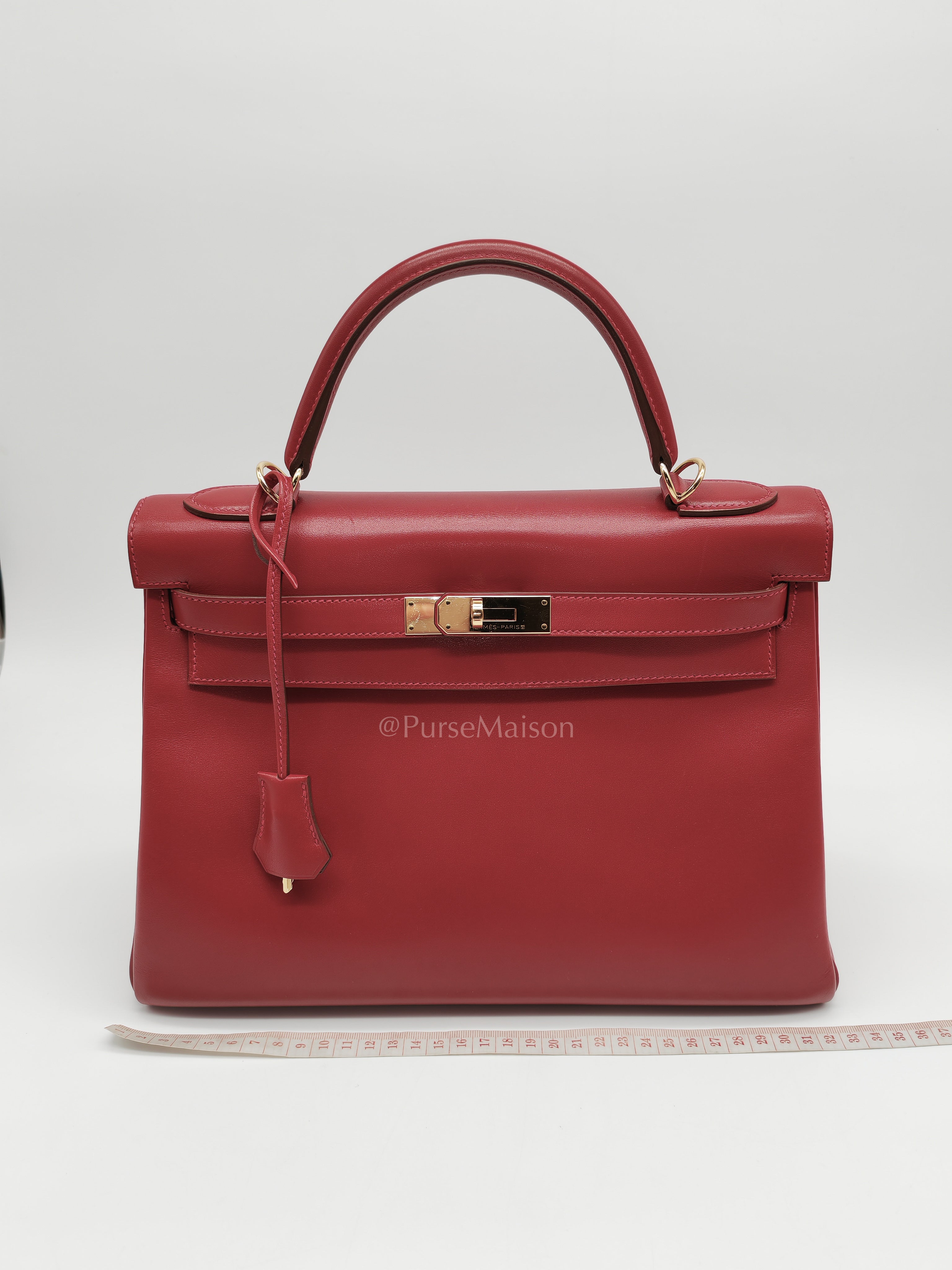 Kelly 32 Retourne in Rouge Vif Tadelakt Leather and Gold Hardware Stamp X (2016) | Purse Maison Luxury Bags Shop