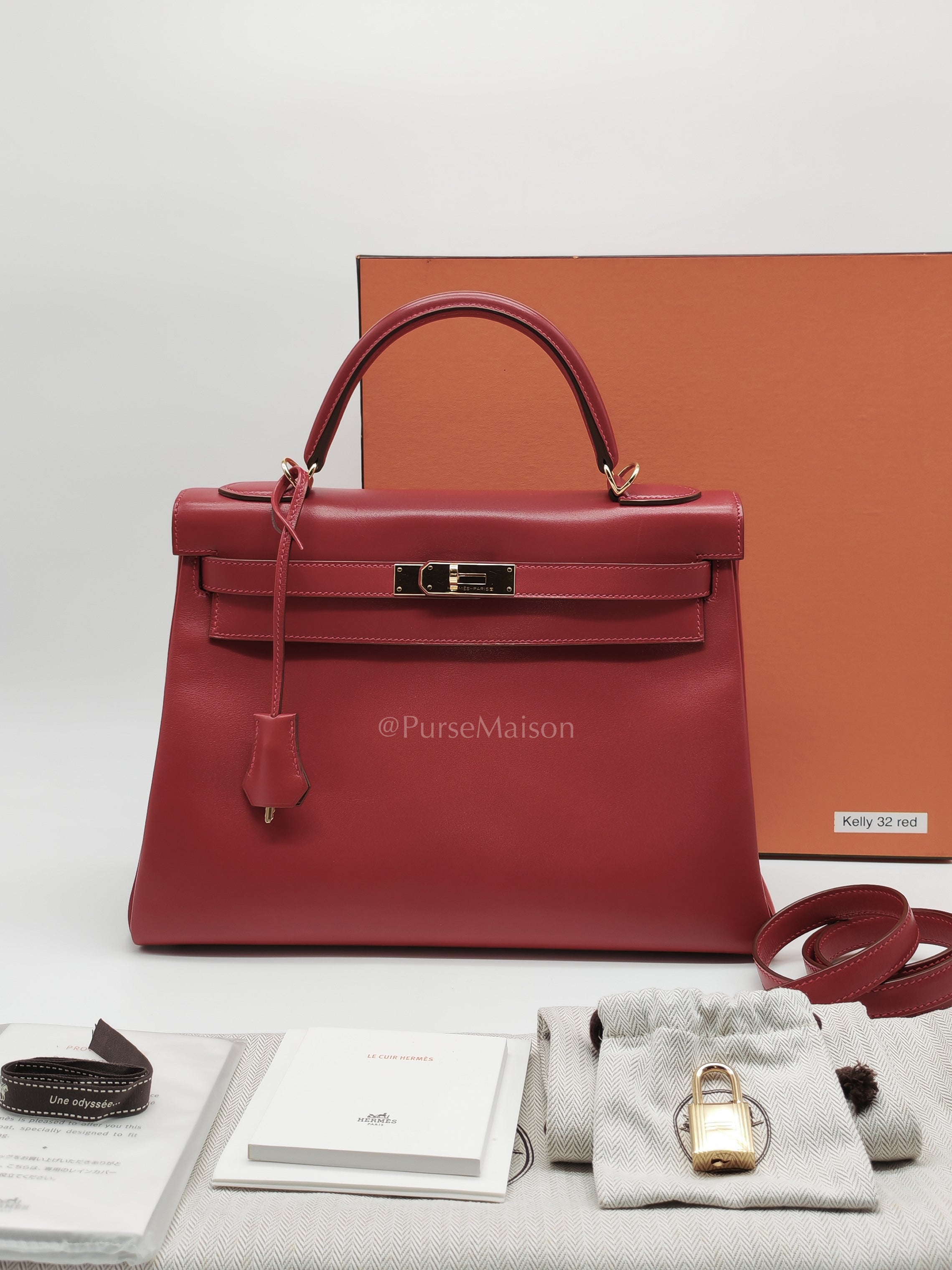 Kelly 32 Retourne in Rouge Vif Tadelakt Leather and Gold Hardware Stamp X (2016) | Purse Maison Luxury Bags Shop