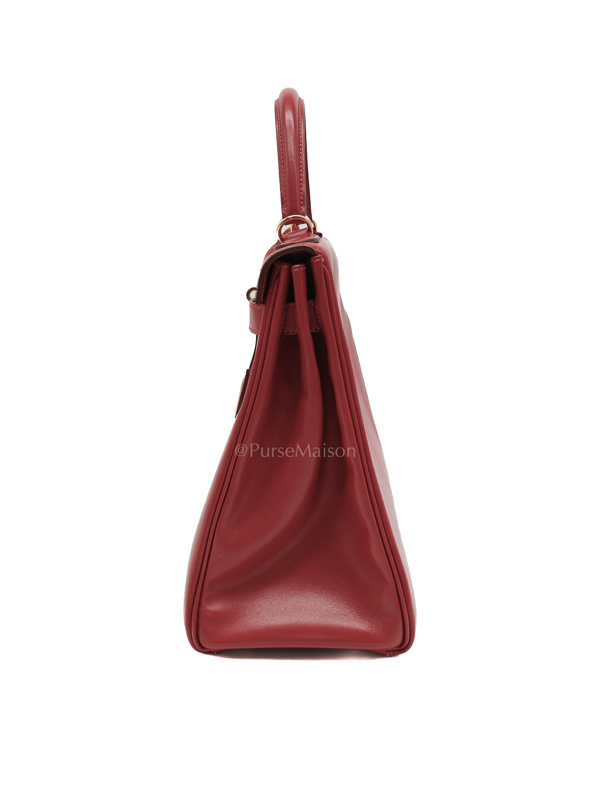 Kelly 32 Retourne in Rouge Vif Tadelakt Leather and Gold Hardware Stamp X (2016) | Purse Maison Luxury Bags Shop