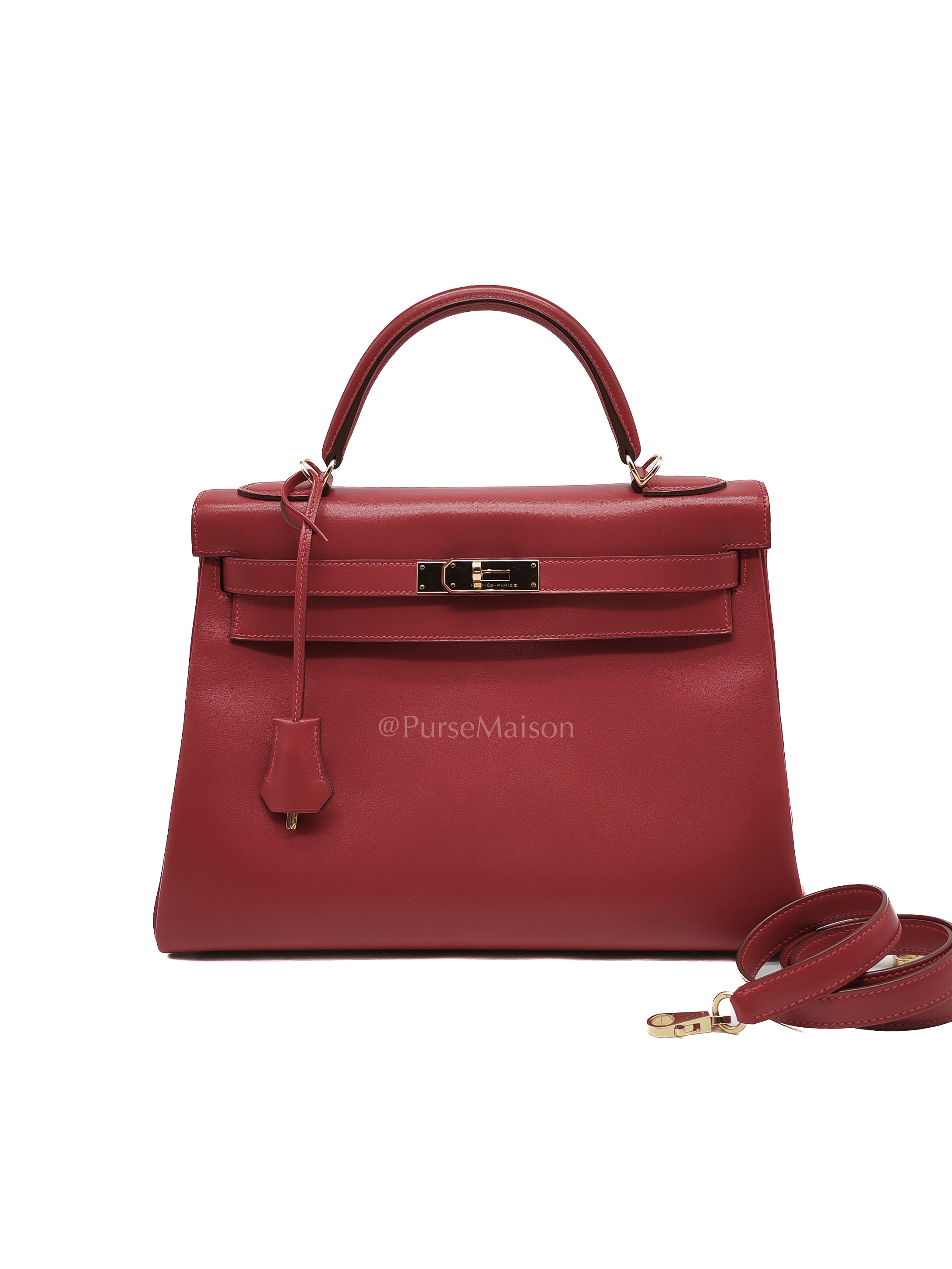 Kelly 32 Retourne in Rouge Vif Tadelakt Leather and Gold Hardware Stamp X (2016) | Purse Maison Luxury Bags Shop
