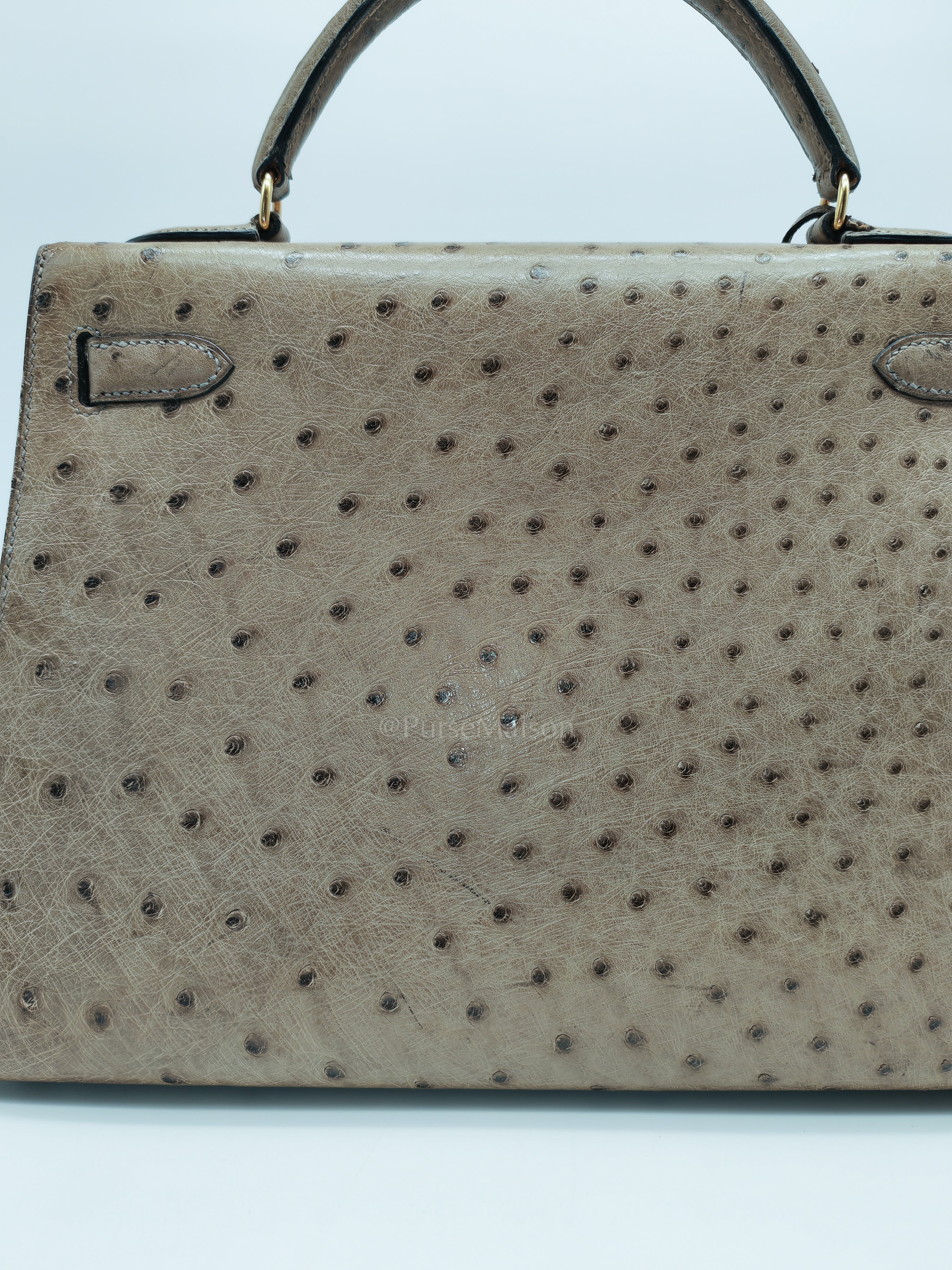 Kelly 32 Sellier in Mousse Ostrich Leather & Gold Hardware Stamp Circle V (1992) | Purse Maison Luxury Bags Shop