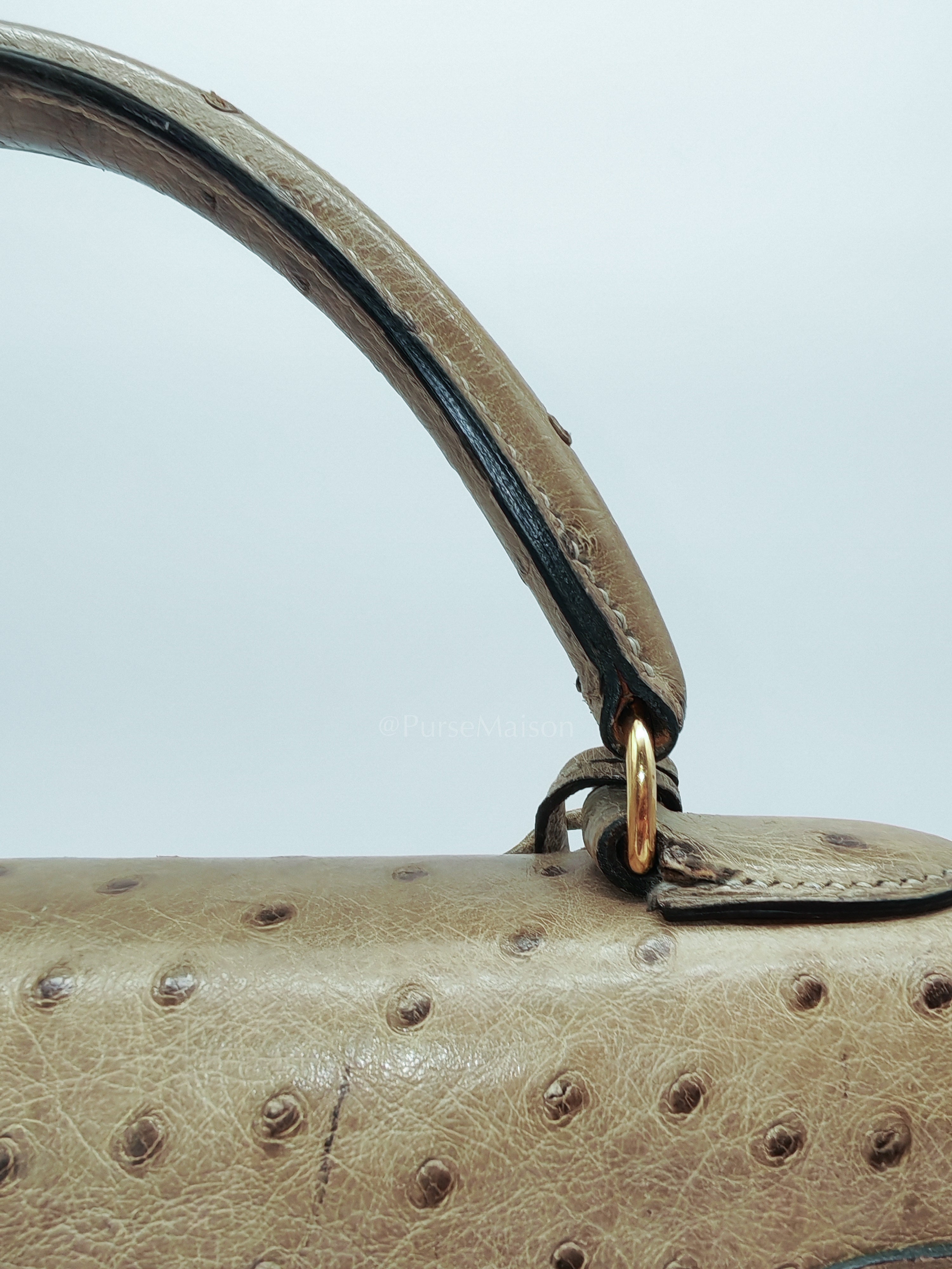 Kelly 32 Sellier in Mousse Ostrich Leather & Gold Hardware Stamp Circle V (1992) | Purse Maison Luxury Bags Shop