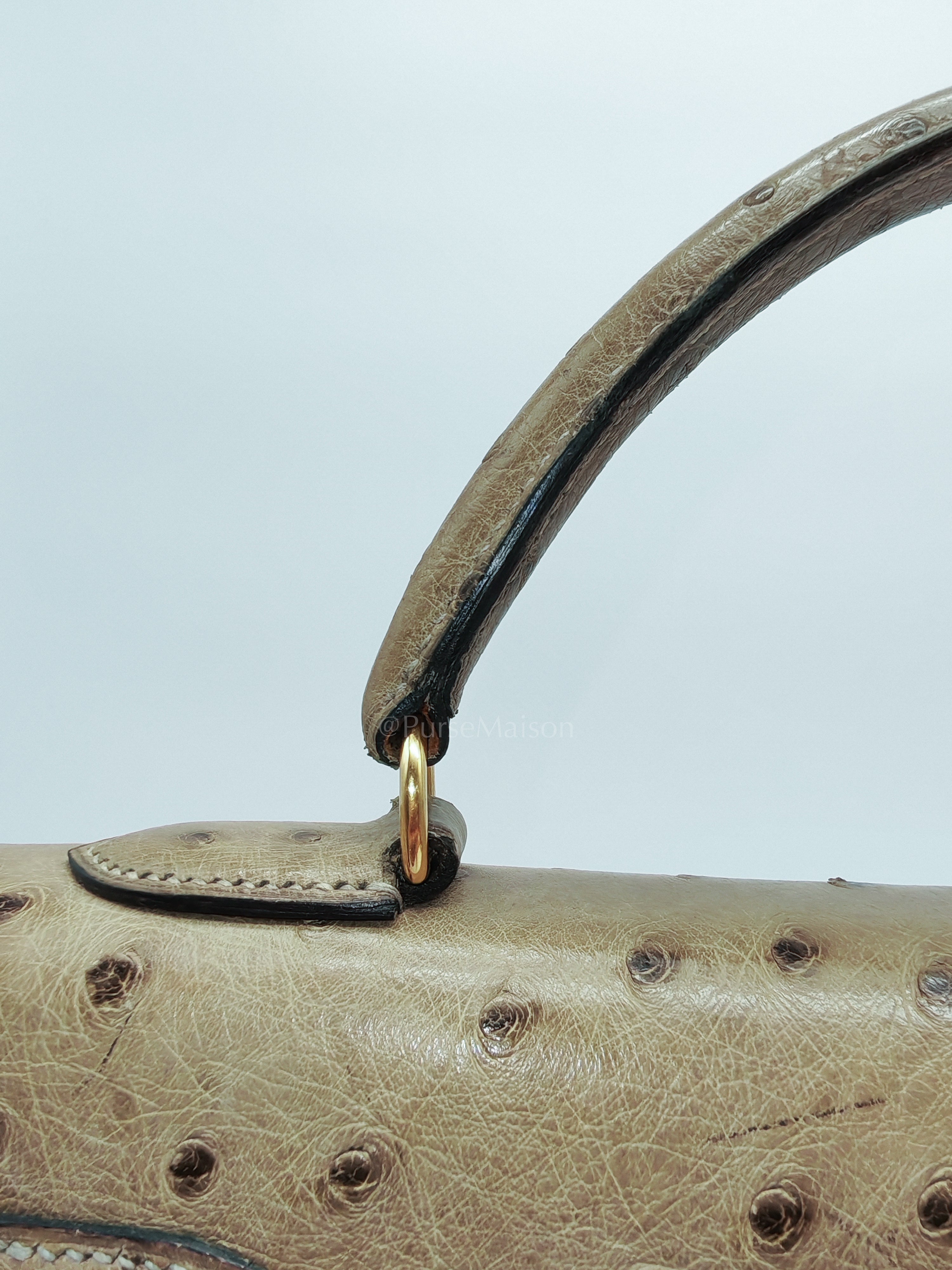 Kelly 32 Sellier in Mousse Ostrich Leather & Gold Hardware Stamp Circle V (1992) | Purse Maison Luxury Bags Shop