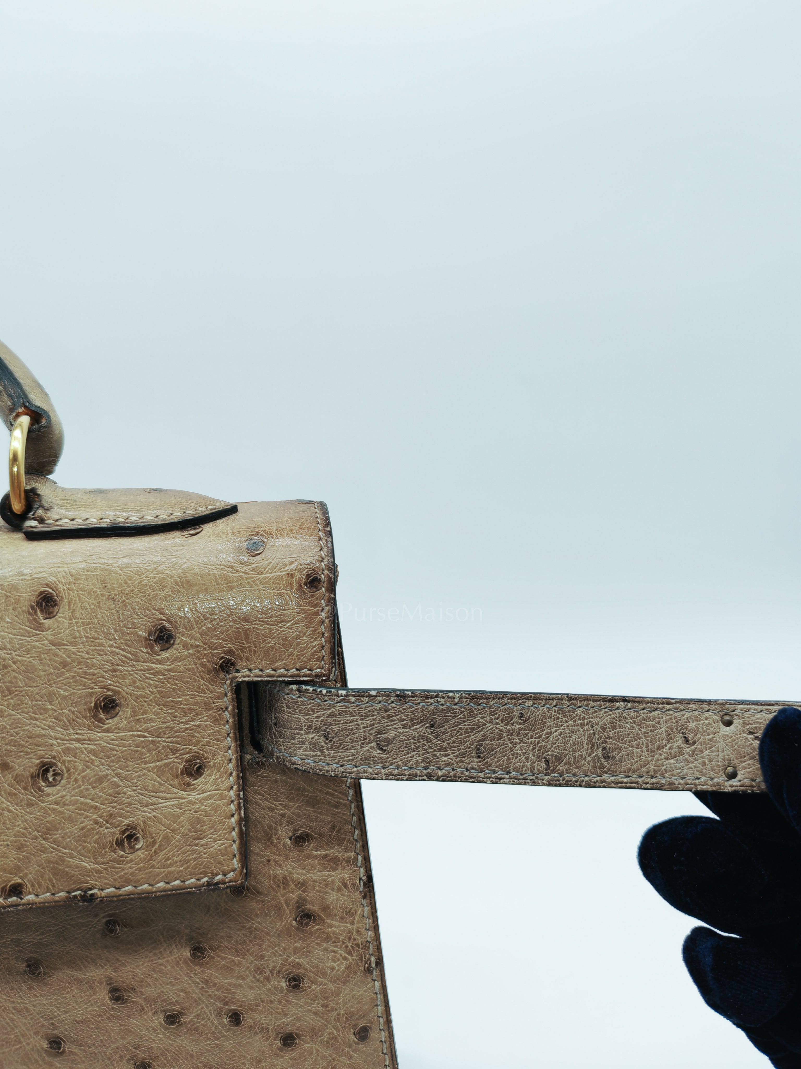 Kelly 32 Sellier in Mousse Ostrich Leather & Gold Hardware Stamp Circle V (1992) | Purse Maison Luxury Bags Shop