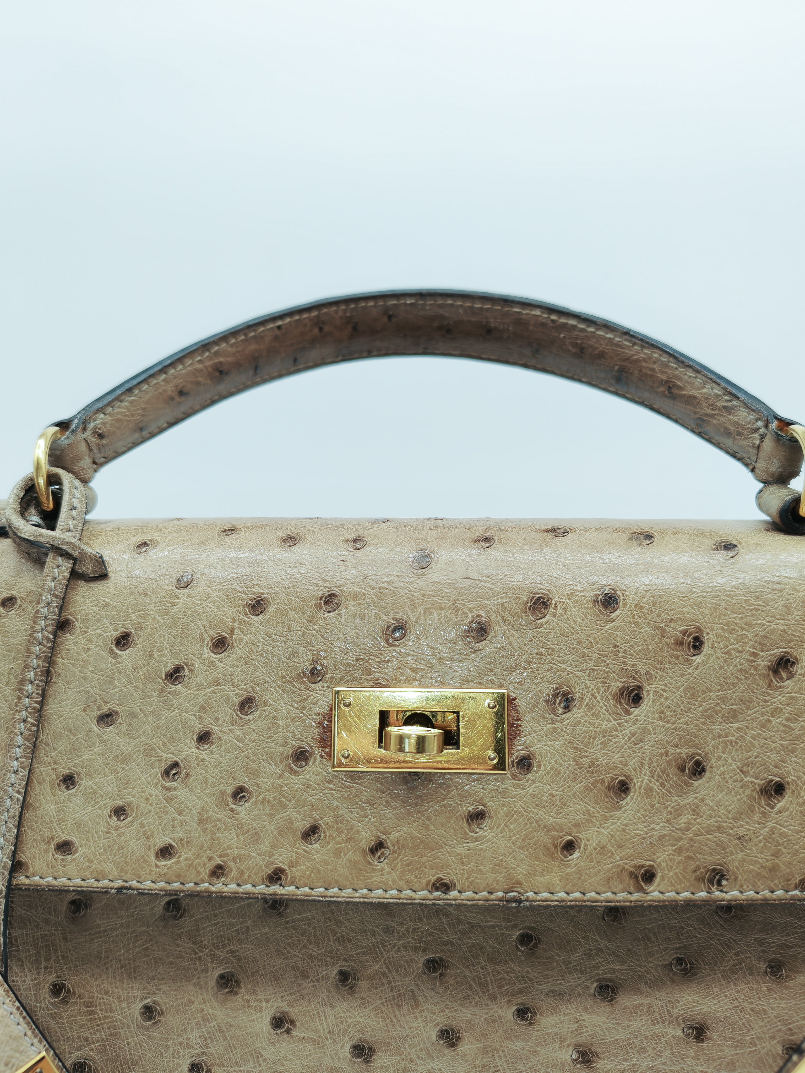 Kelly 32 Sellier in Mousse Ostrich Leather & Gold Hardware Stamp Circle V (1992) | Purse Maison Luxury Bags Shop