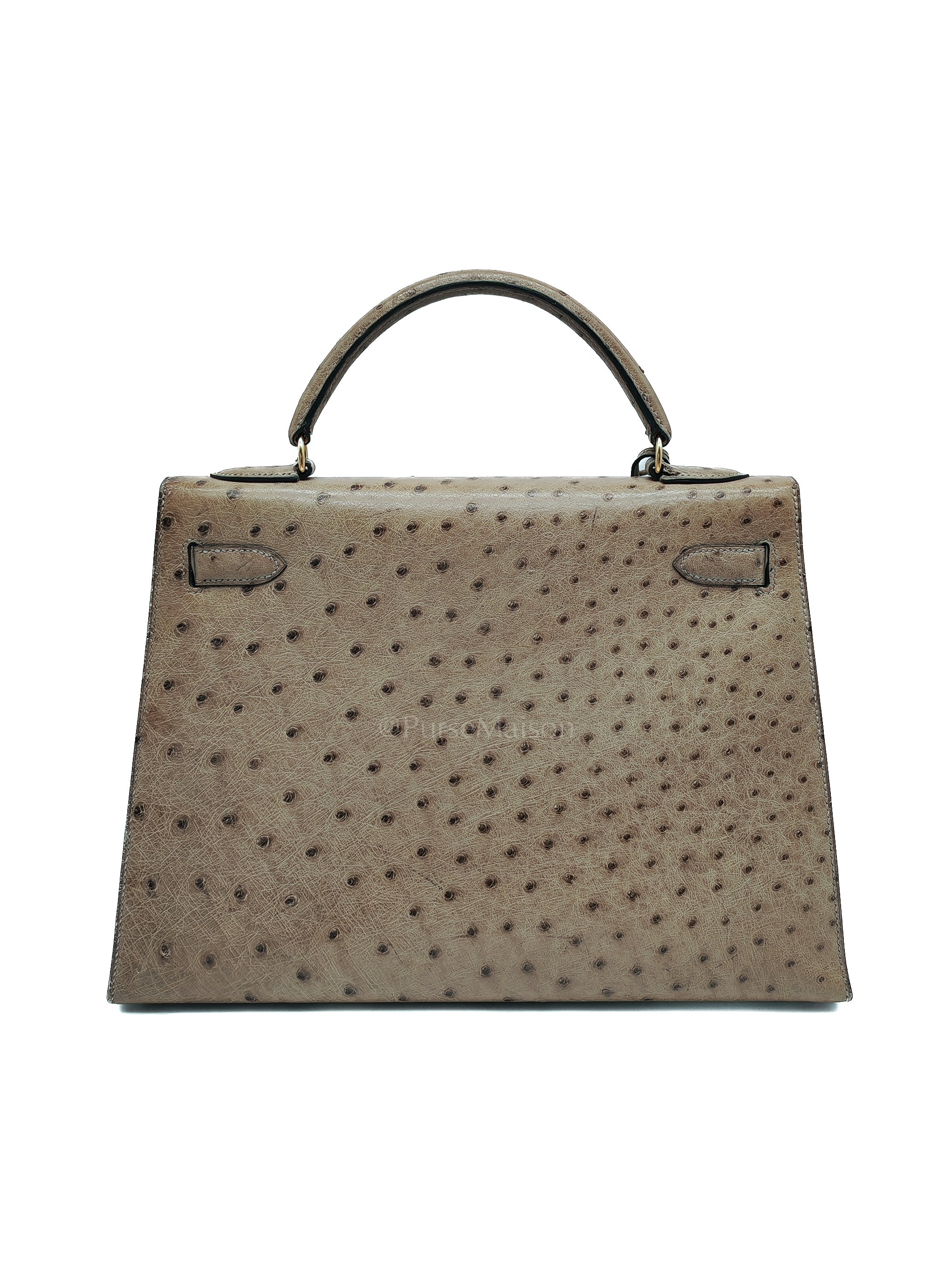 Kelly 32 Sellier in Mousse Ostrich Leather & Gold Hardware Stamp Circle V (1992) | Purse Maison Luxury Bags Shop