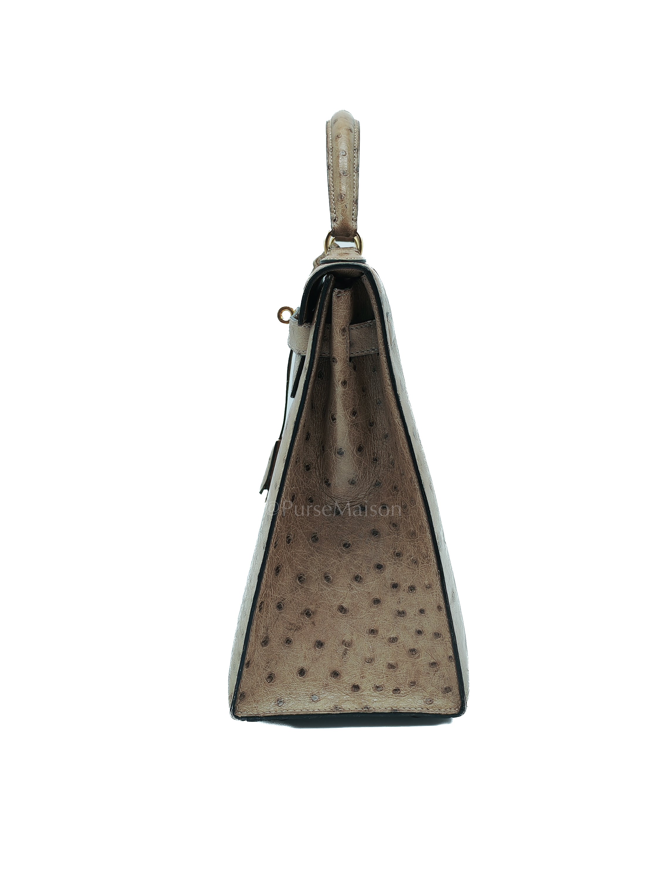 Kelly 32 Sellier in Mousse Ostrich Leather & Gold Hardware Stamp Circle V (1992) | Purse Maison Luxury Bags Shop