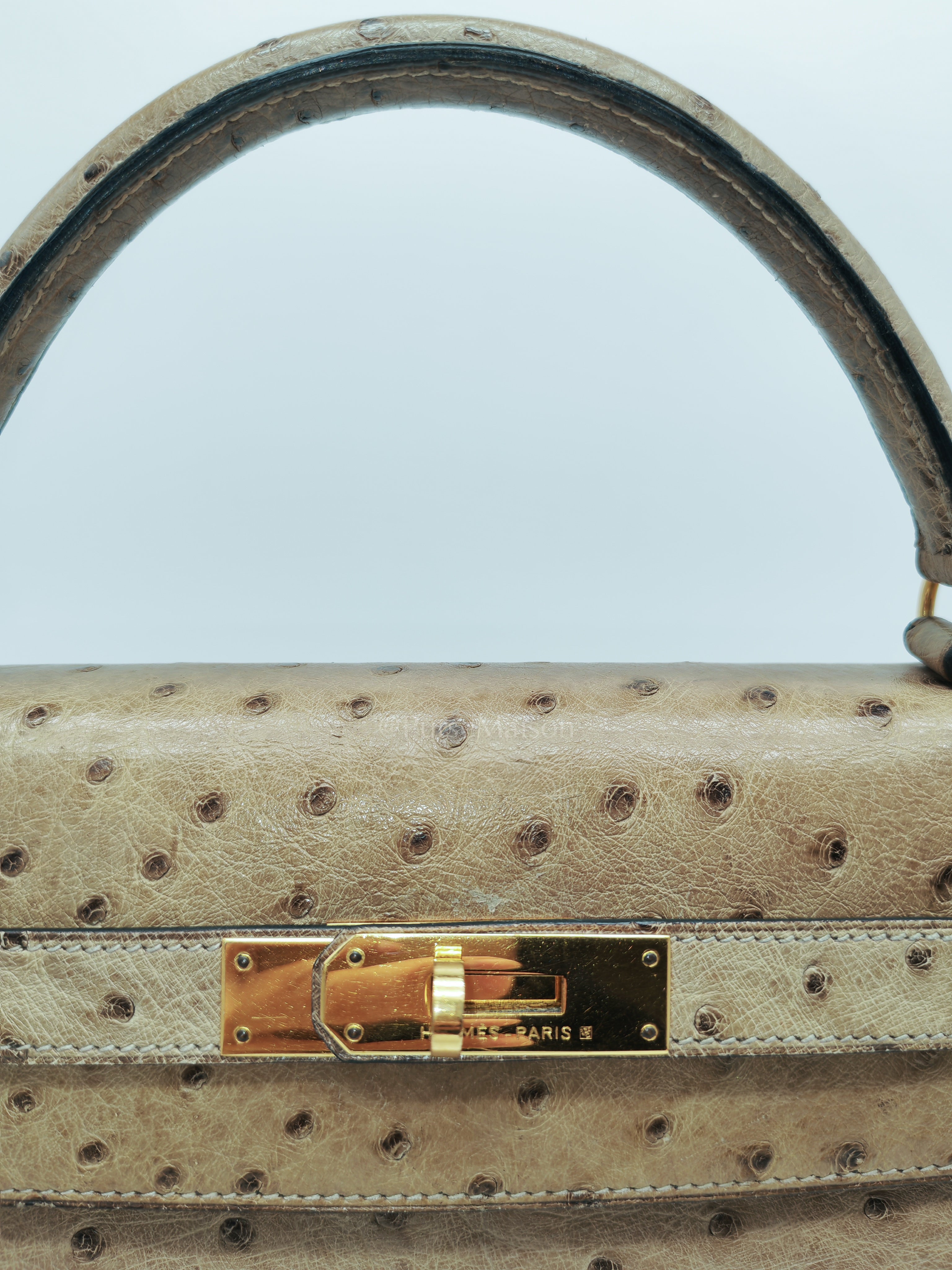 Kelly 32 Sellier in Mousse Ostrich Leather & Gold Hardware Stamp Circle V (1992) | Purse Maison Luxury Bags Shop