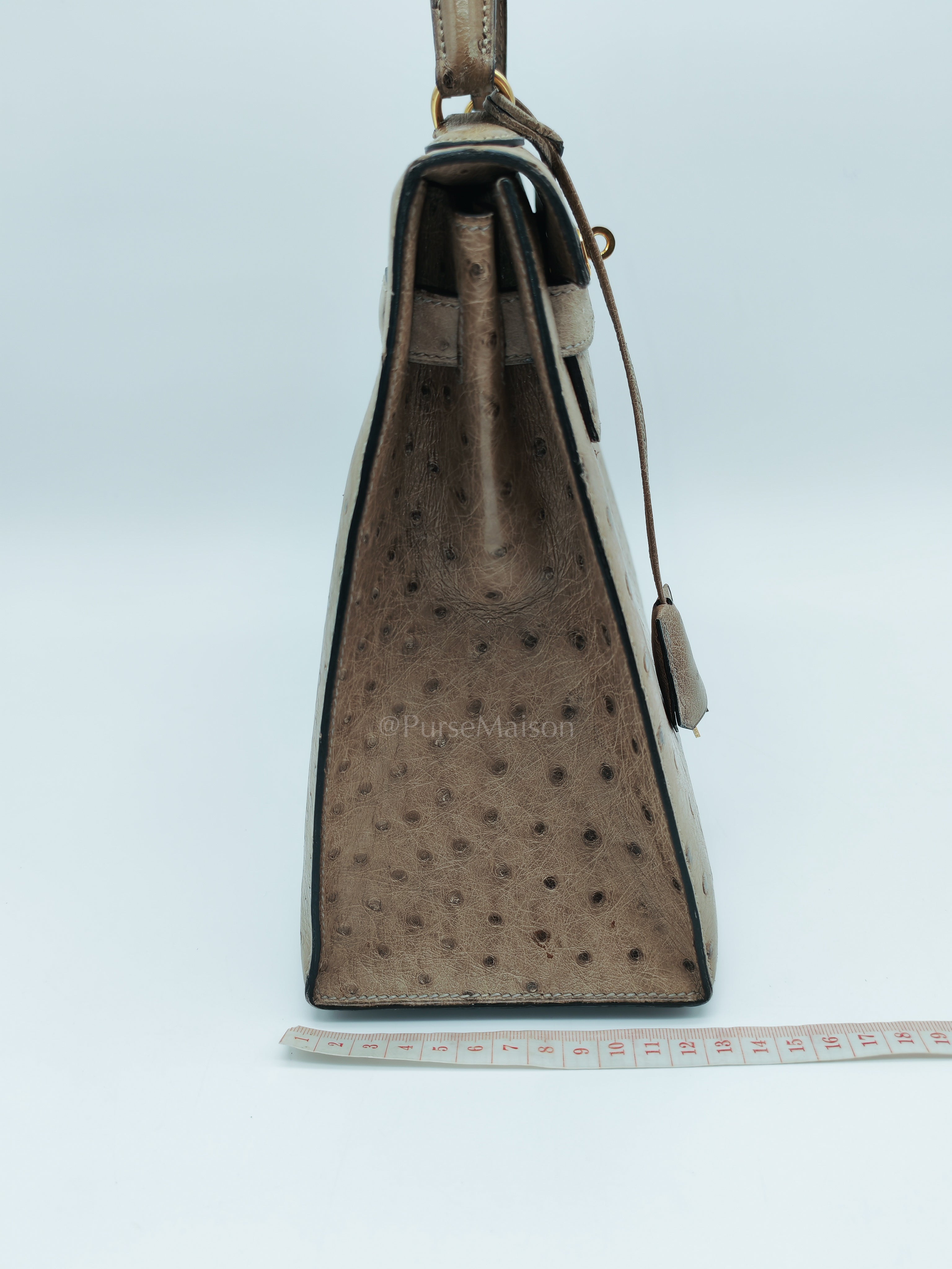 Kelly 32 Sellier in Mousse Ostrich Leather & Gold Hardware Stamp Circle V (1992) | Purse Maison Luxury Bags Shop