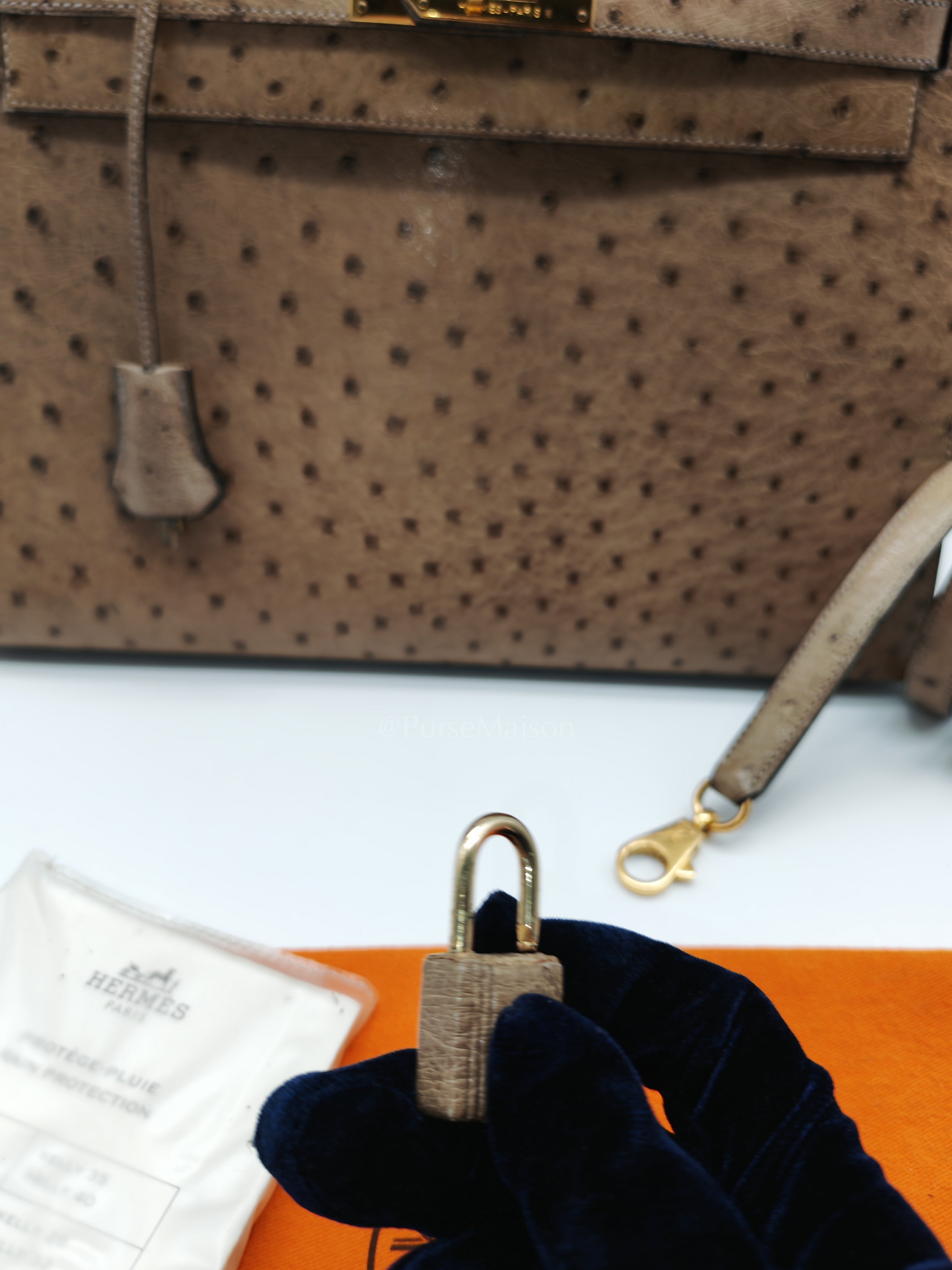 Kelly 32 Sellier in Mousse Ostrich Leather & Gold Hardware Stamp Circle V (1992) | Purse Maison Luxury Bags Shop