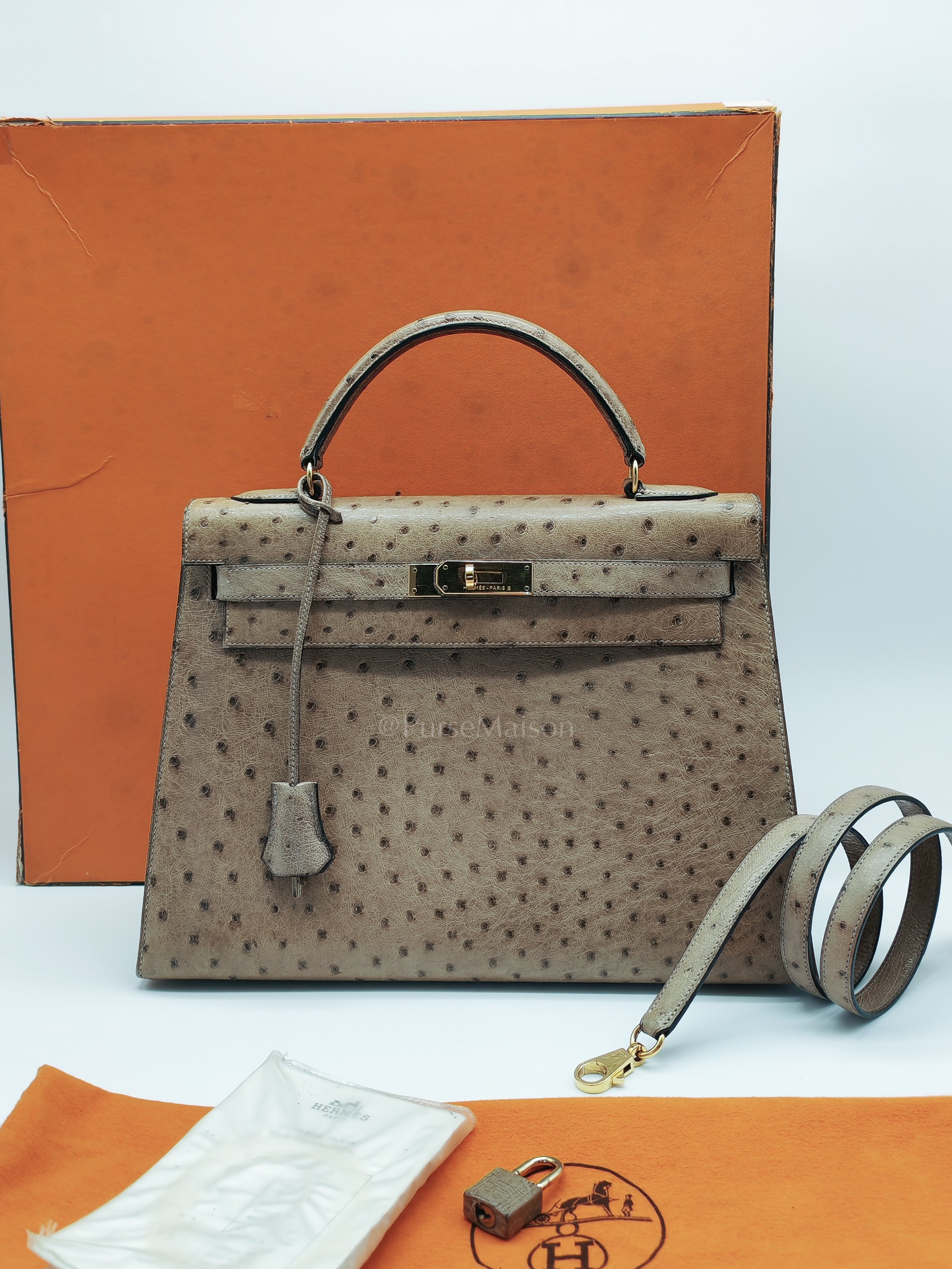 Kelly 32 Sellier in Mousse Ostrich Leather & Gold Hardware Stamp Circle V (1992) | Purse Maison Luxury Bags Shop