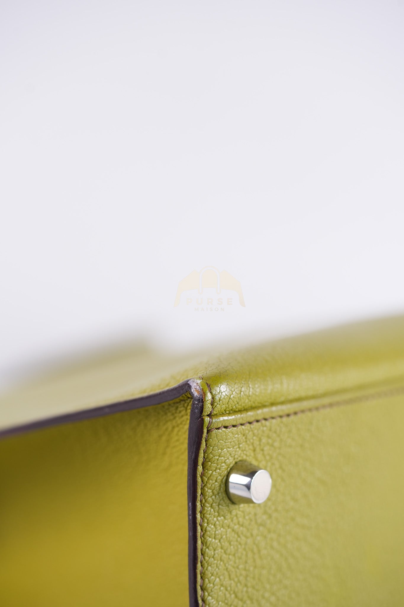 Kelly 32 Sellier Vert Anis Chevre Mysore in Palladium Hardware Stamp K Square (2007) | Purse Maison Luxury Bags Shop