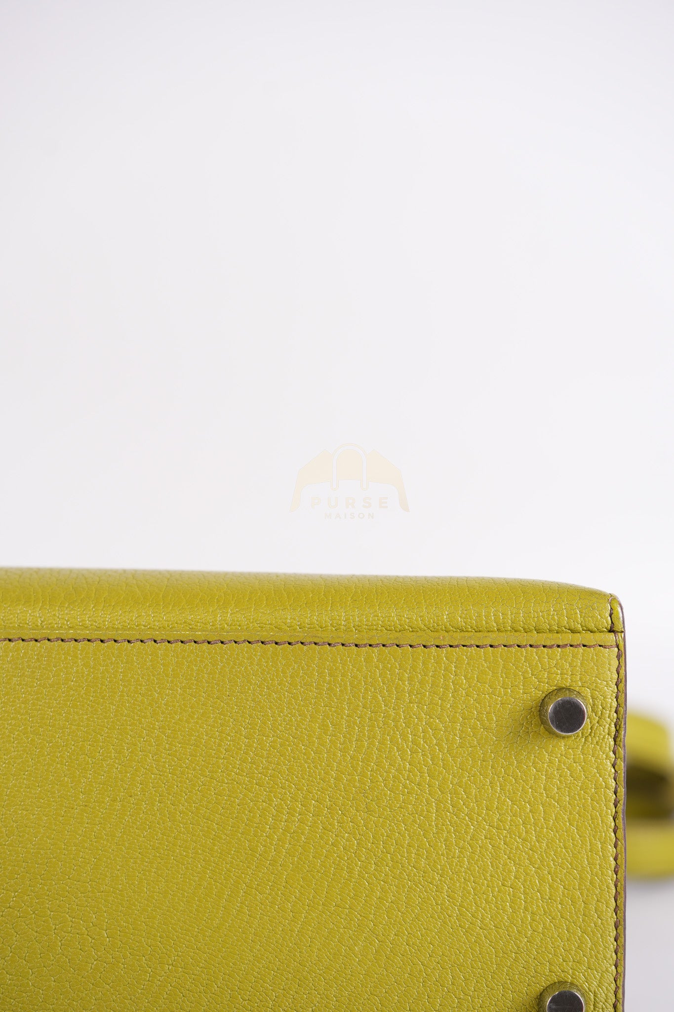 Kelly 32 Sellier Vert Anis Chevre Mysore in Palladium Hardware Stamp K Square (2007) | Purse Maison Luxury Bags Shop