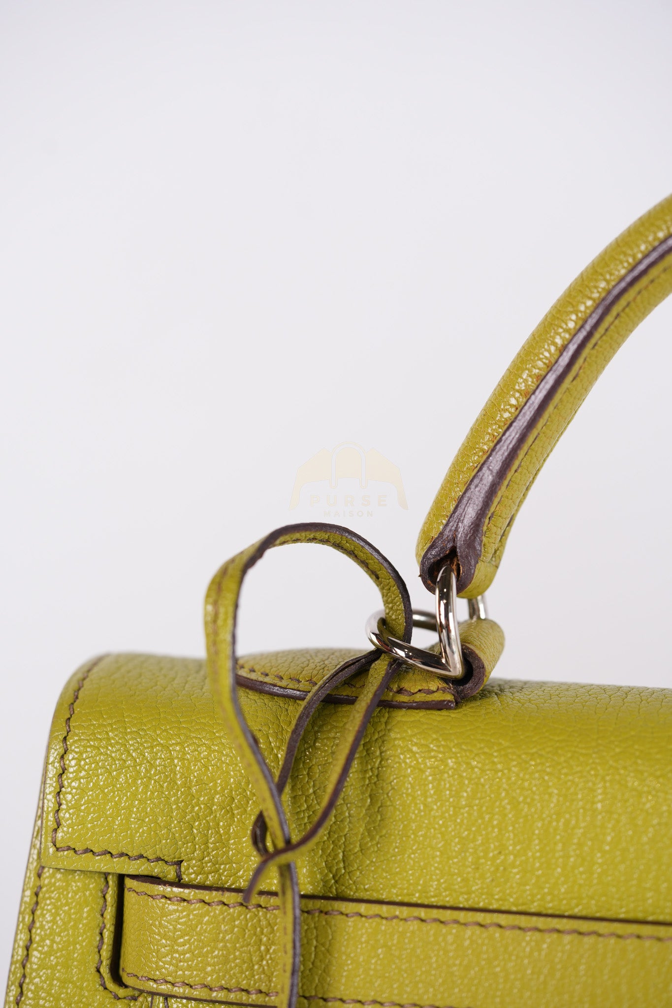 Kelly 32 Sellier Vert Anis Chevre Mysore in Palladium Hardware Stamp K Square (2007) | Purse Maison Luxury Bags Shop