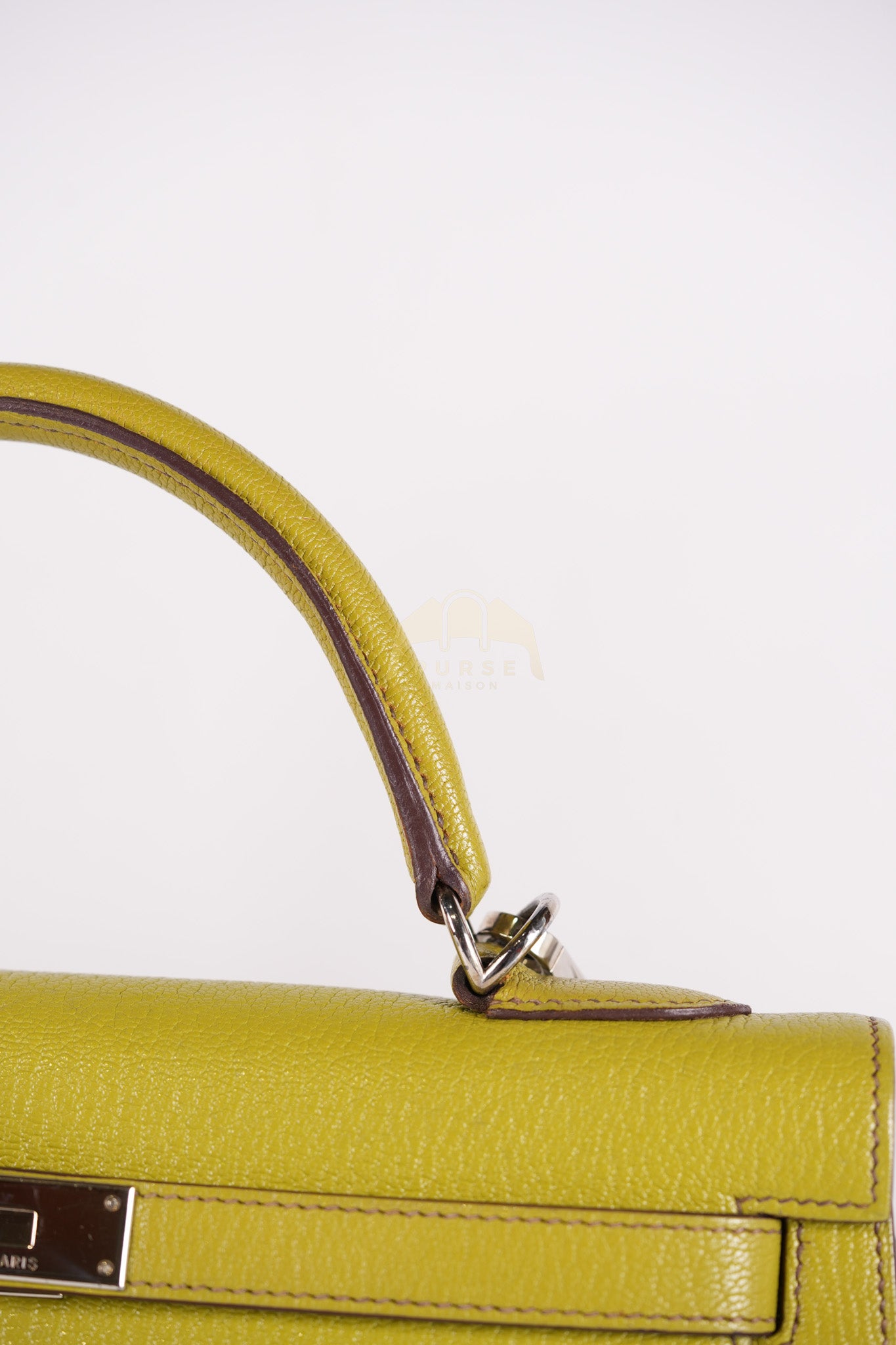 Kelly 32 Sellier Vert Anis Chevre Mysore in Palladium Hardware Stamp K Square (2007) | Purse Maison Luxury Bags Shop