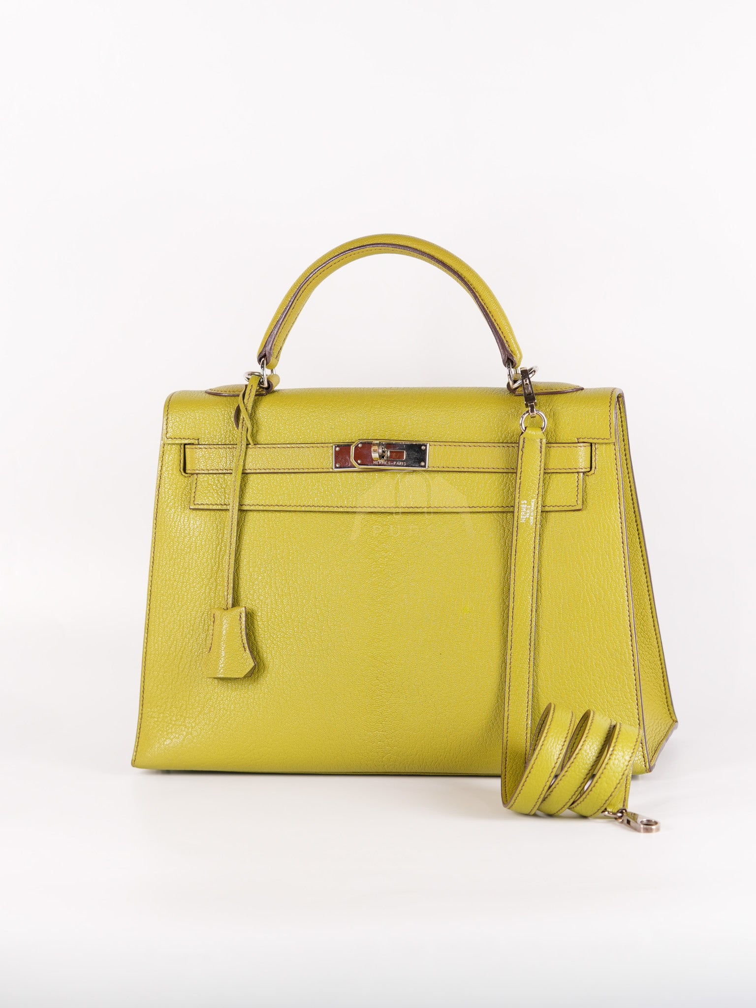 Kelly 32 Sellier Vert Anis Chevre Mysore in Palladium Hardware Stamp K Square (2007) | Purse Maison Luxury Bags Shop