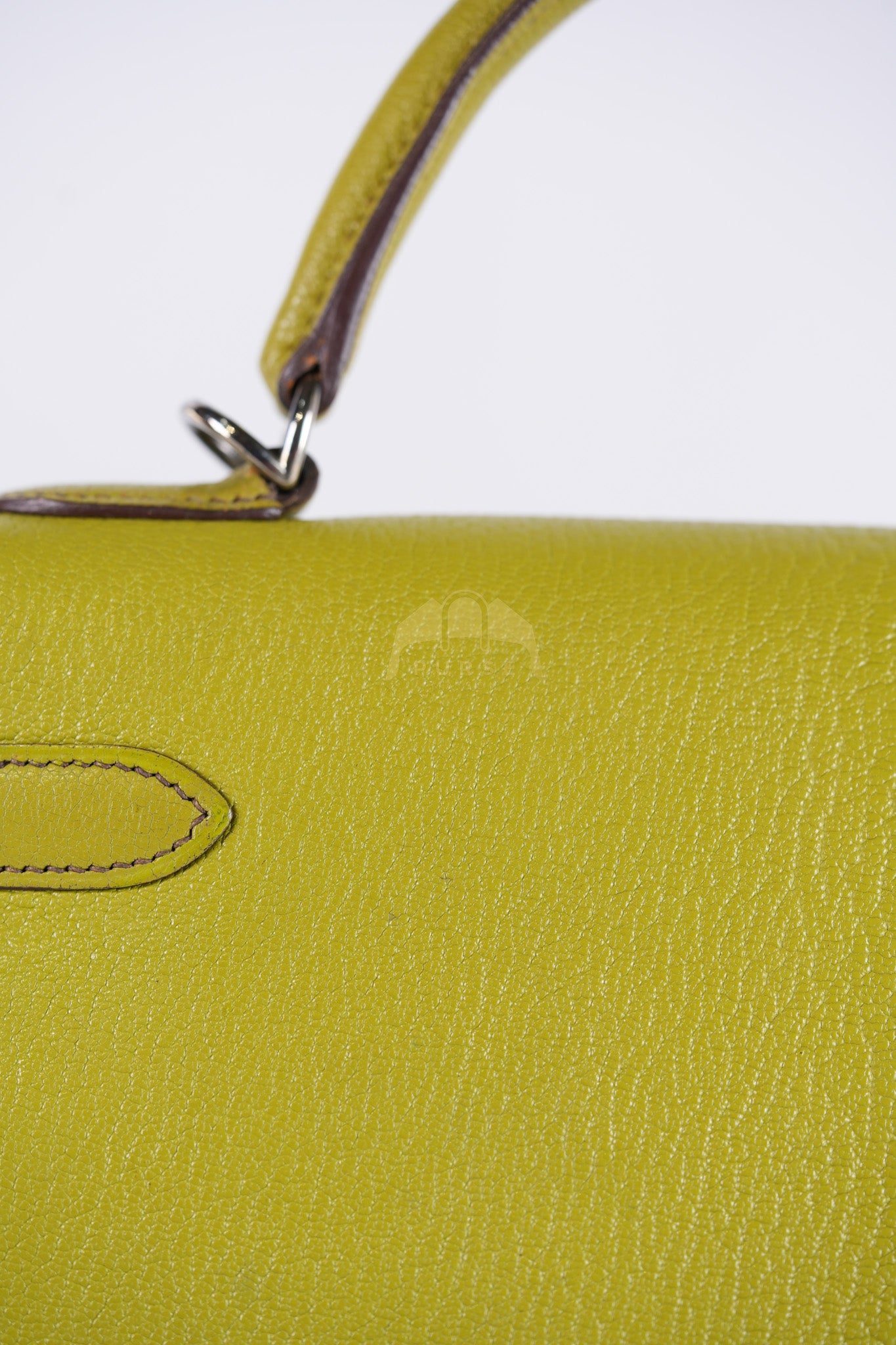 Kelly 32 Sellier Vert Anis Chevre Mysore in Palladium Hardware Stamp K Square (2007) | Purse Maison Luxury Bags Shop