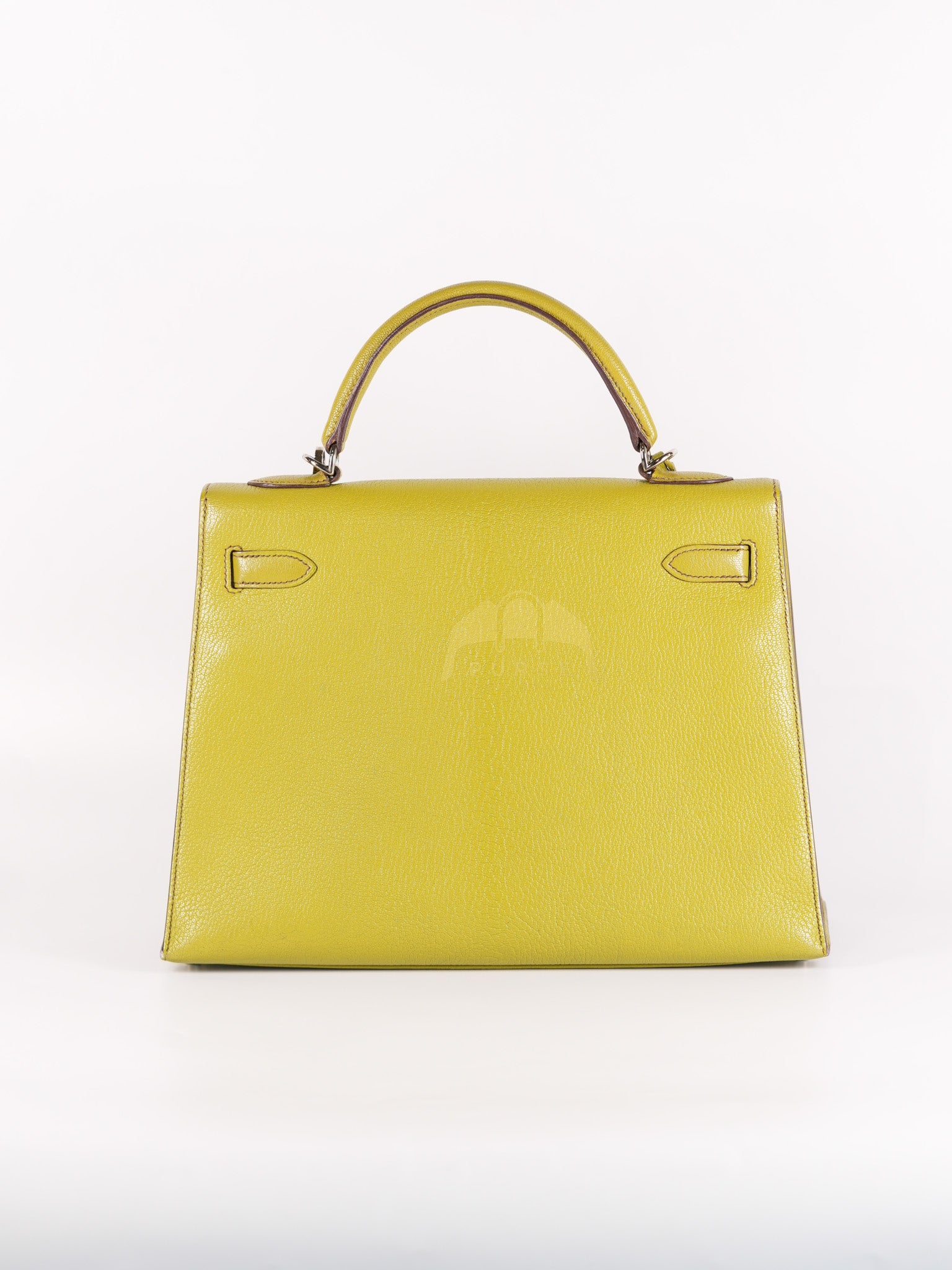 Kelly 32 Sellier Vert Anis Chevre Mysore in Palladium Hardware Stamp K Square (2007) | Purse Maison Luxury Bags Shop
