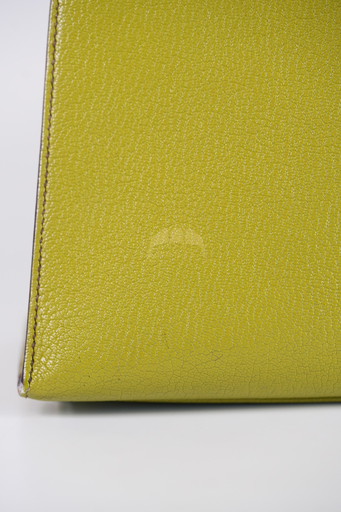 Kelly 32 Sellier Vert Anis Chevre Mysore in Palladium Hardware Stamp K Square (2007) | Purse Maison Luxury Bags Shop