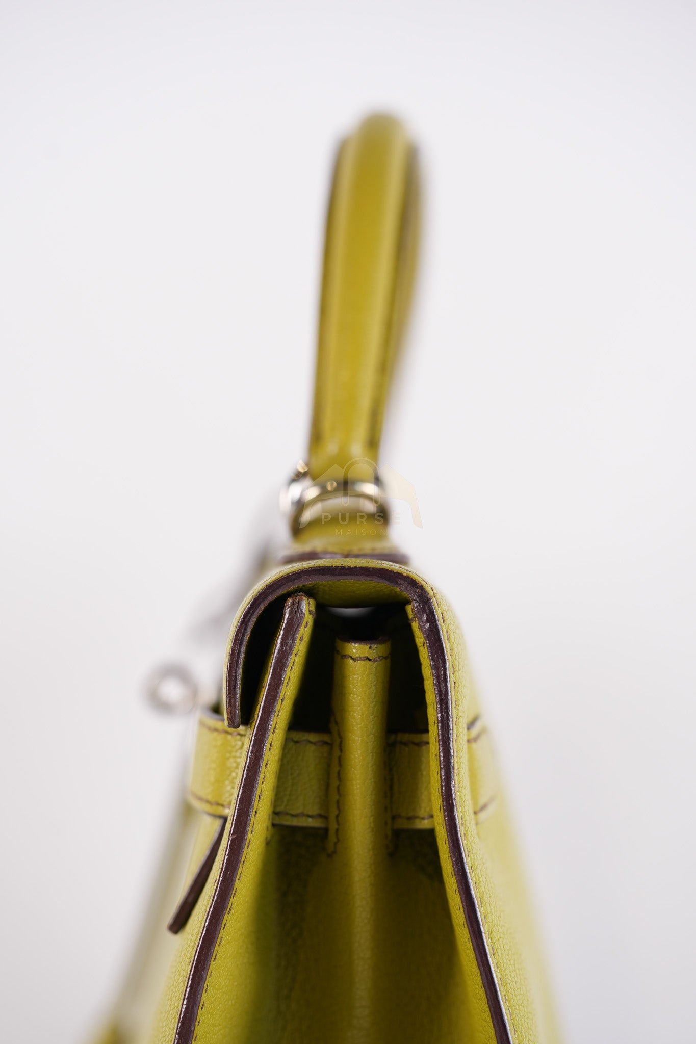 Kelly 32 Sellier Vert Anis Chevre Mysore in Palladium Hardware Stamp K Square (2007) | Purse Maison Luxury Bags Shop