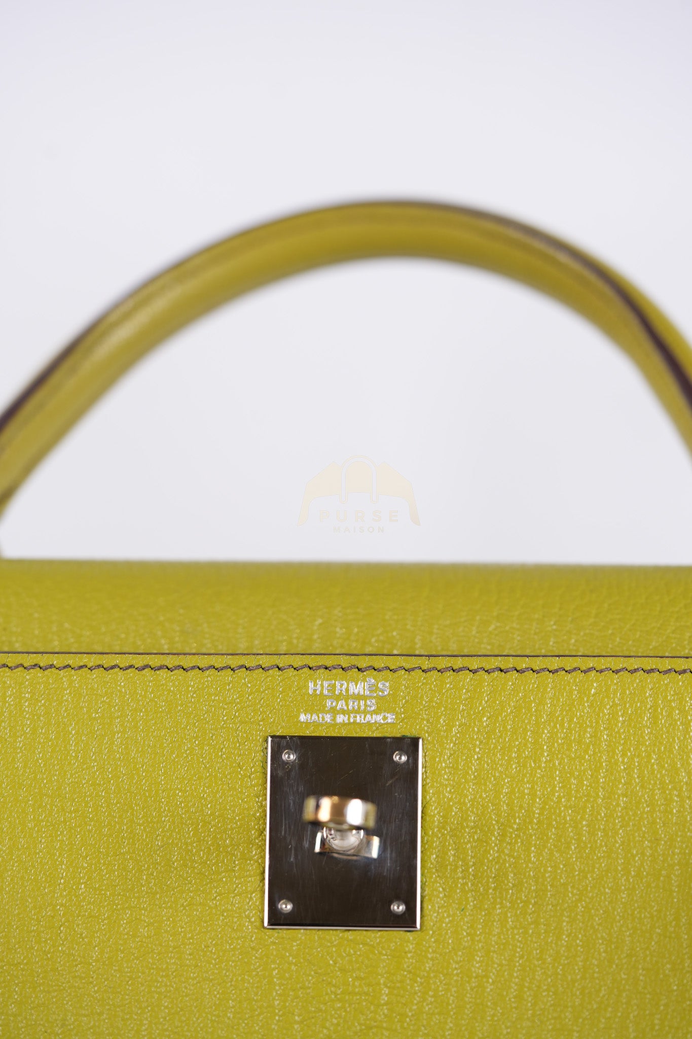 Kelly 32 Sellier Vert Anis Chevre Mysore in Palladium Hardware Stamp K Square (2007) | Purse Maison Luxury Bags Shop