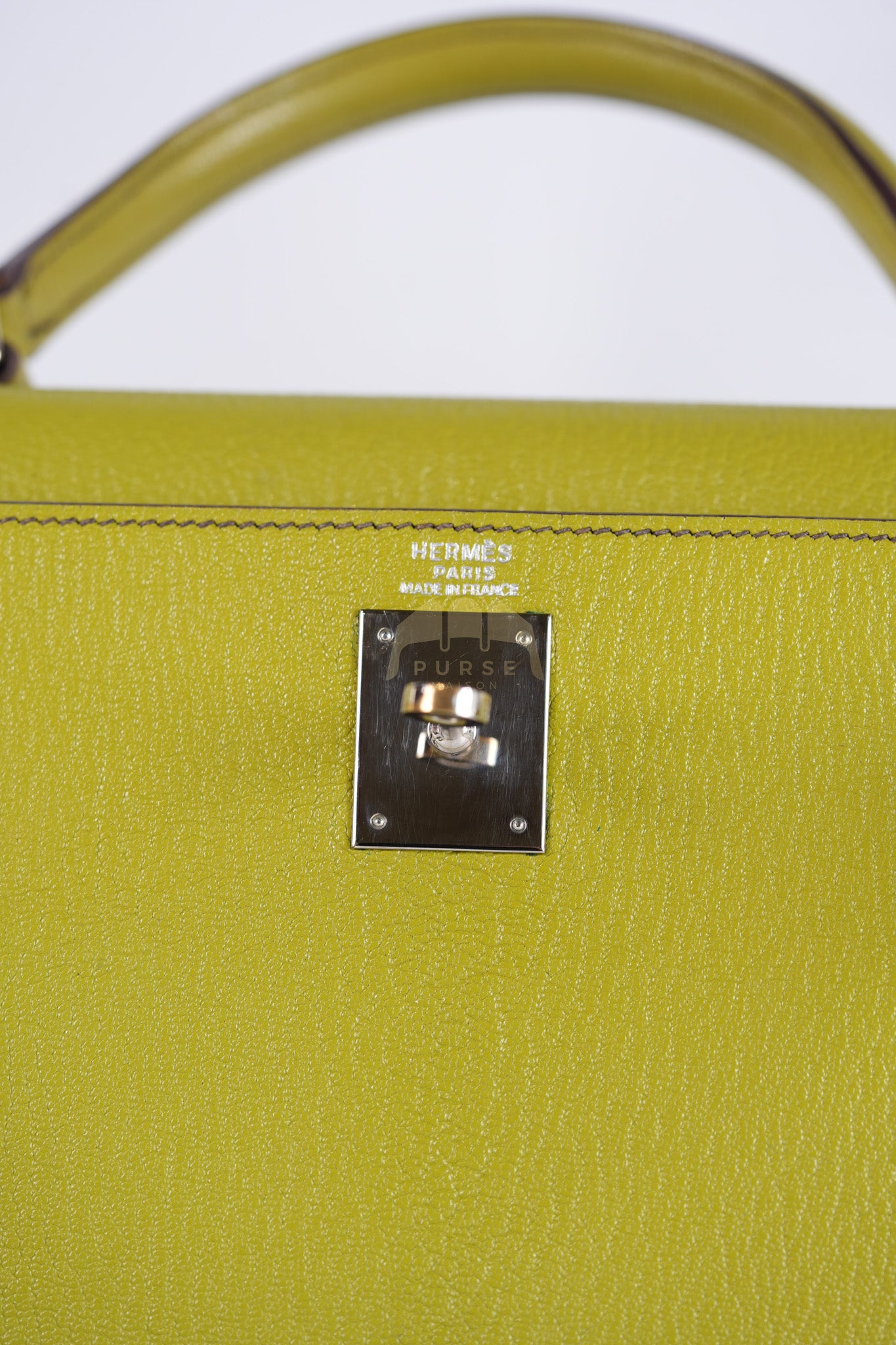 Kelly 32 Sellier Vert Anis Chevre Mysore in Palladium Hardware Stamp K Square (2007) | Purse Maison Luxury Bags Shop