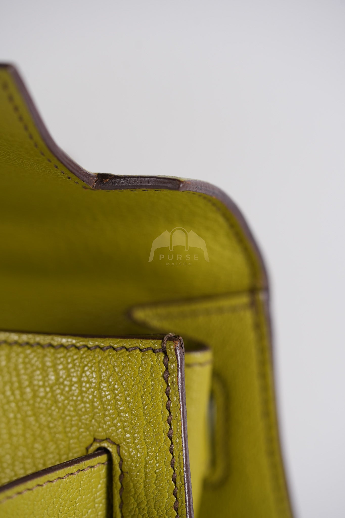 Kelly 32 Sellier Vert Anis Chevre Mysore in Palladium Hardware Stamp K Square (2007) | Purse Maison Luxury Bags Shop