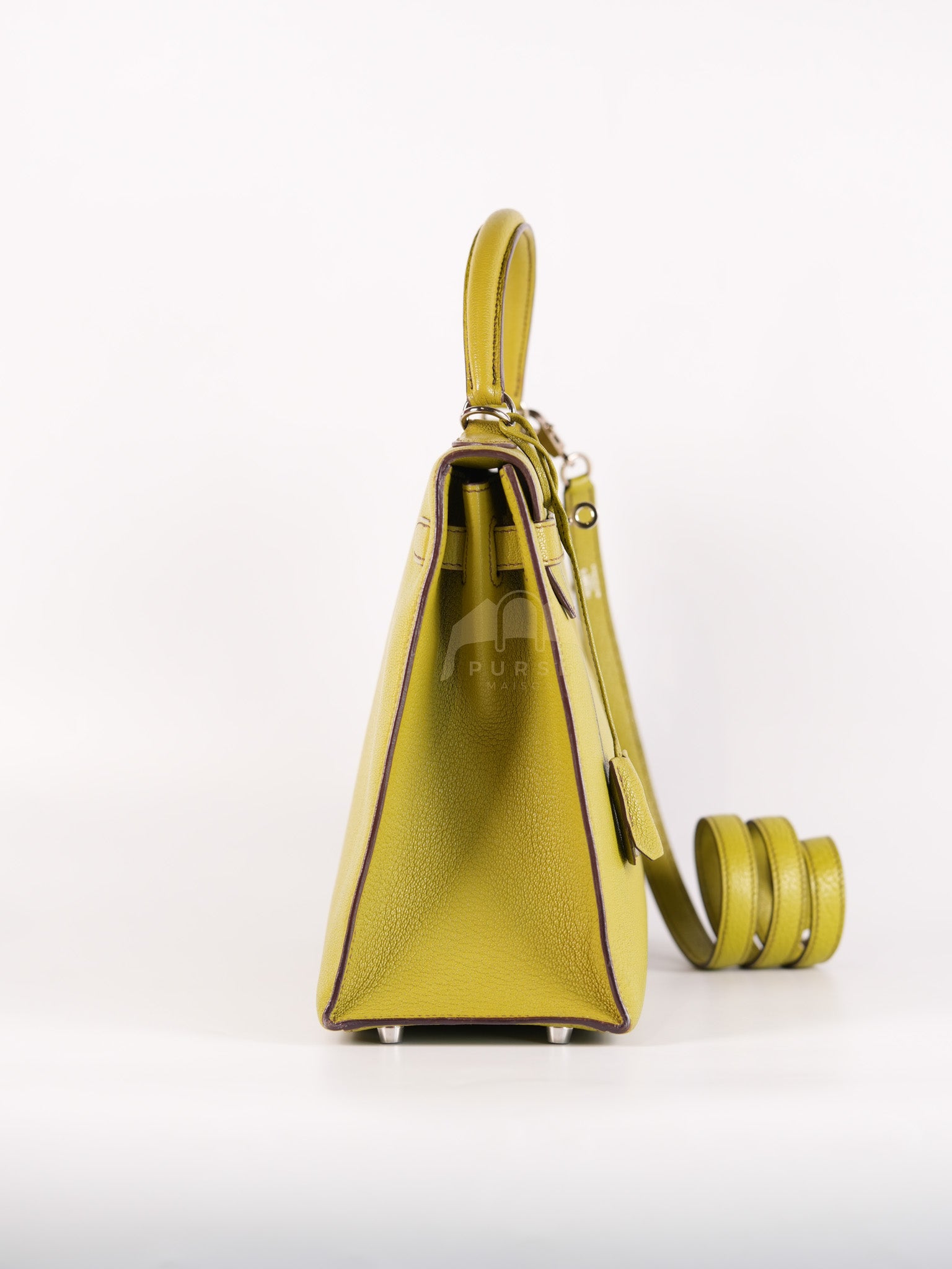 Kelly 32 Sellier Vert Anis Chevre Mysore in Palladium Hardware Stamp K Square (2007) | Purse Maison Luxury Bags Shop