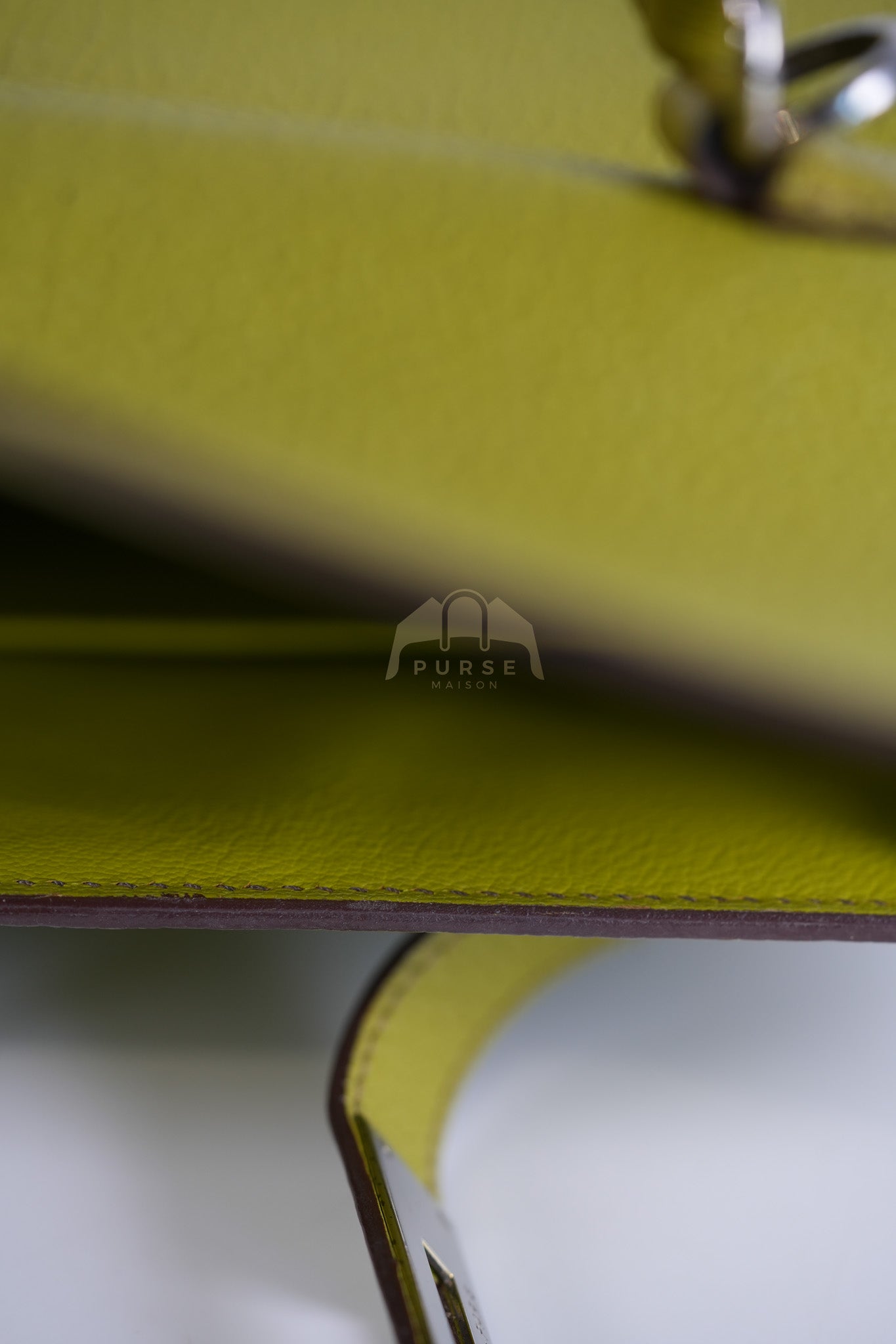 Kelly 32 Sellier Vert Anis Chevre Mysore in Palladium Hardware Stamp K Square (2007) | Purse Maison Luxury Bags Shop