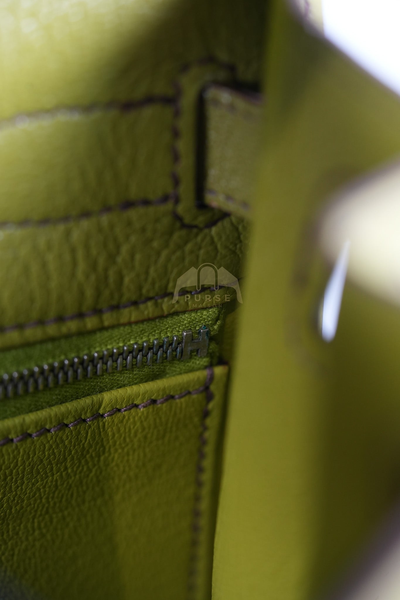 Kelly 32 Sellier Vert Anis Chevre Mysore in Palladium Hardware Stamp K Square (2007) | Purse Maison Luxury Bags Shop