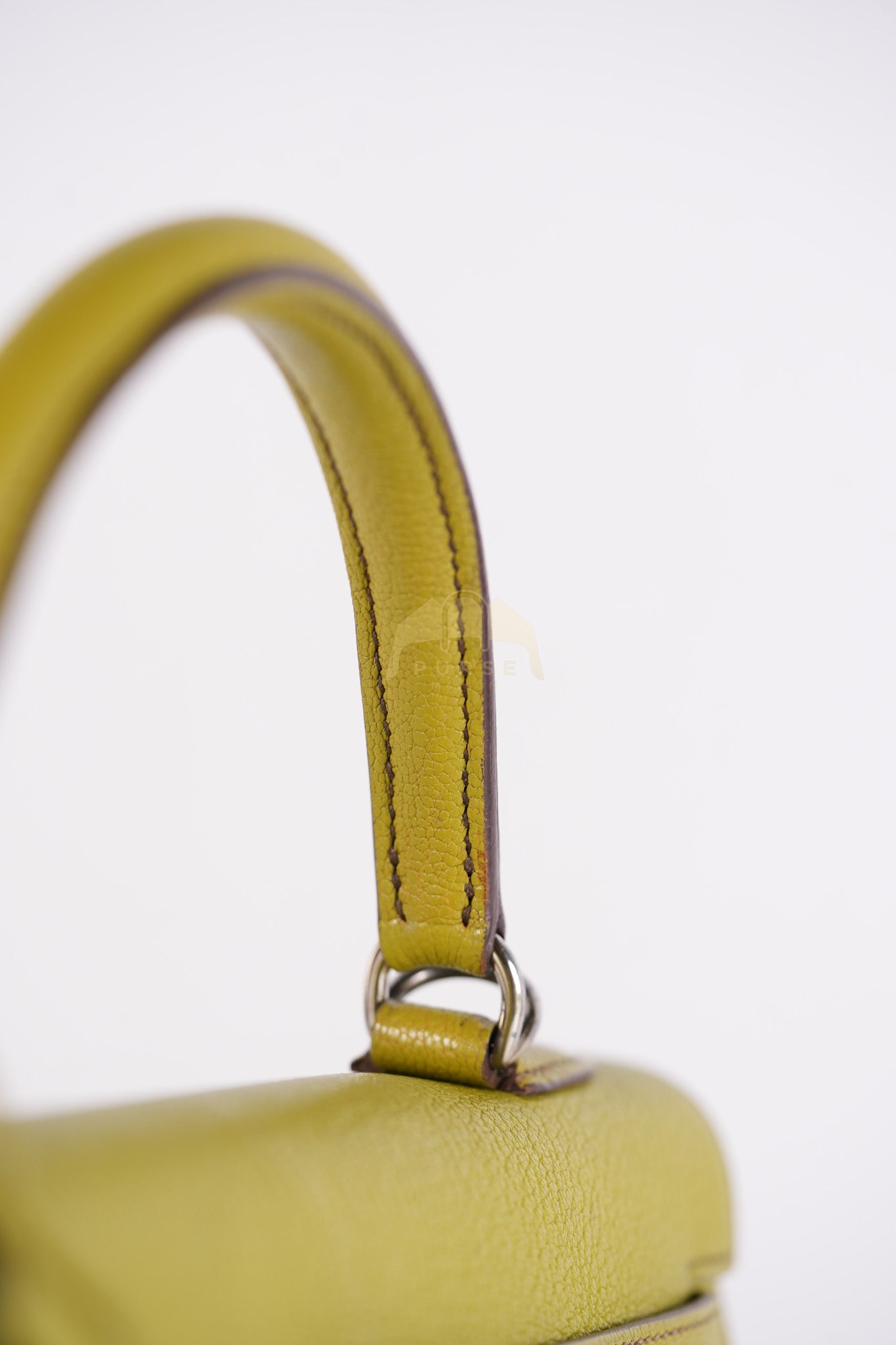 Kelly 32 Sellier Vert Anis Chevre Mysore in Palladium Hardware Stamp K Square (2007) | Purse Maison Luxury Bags Shop