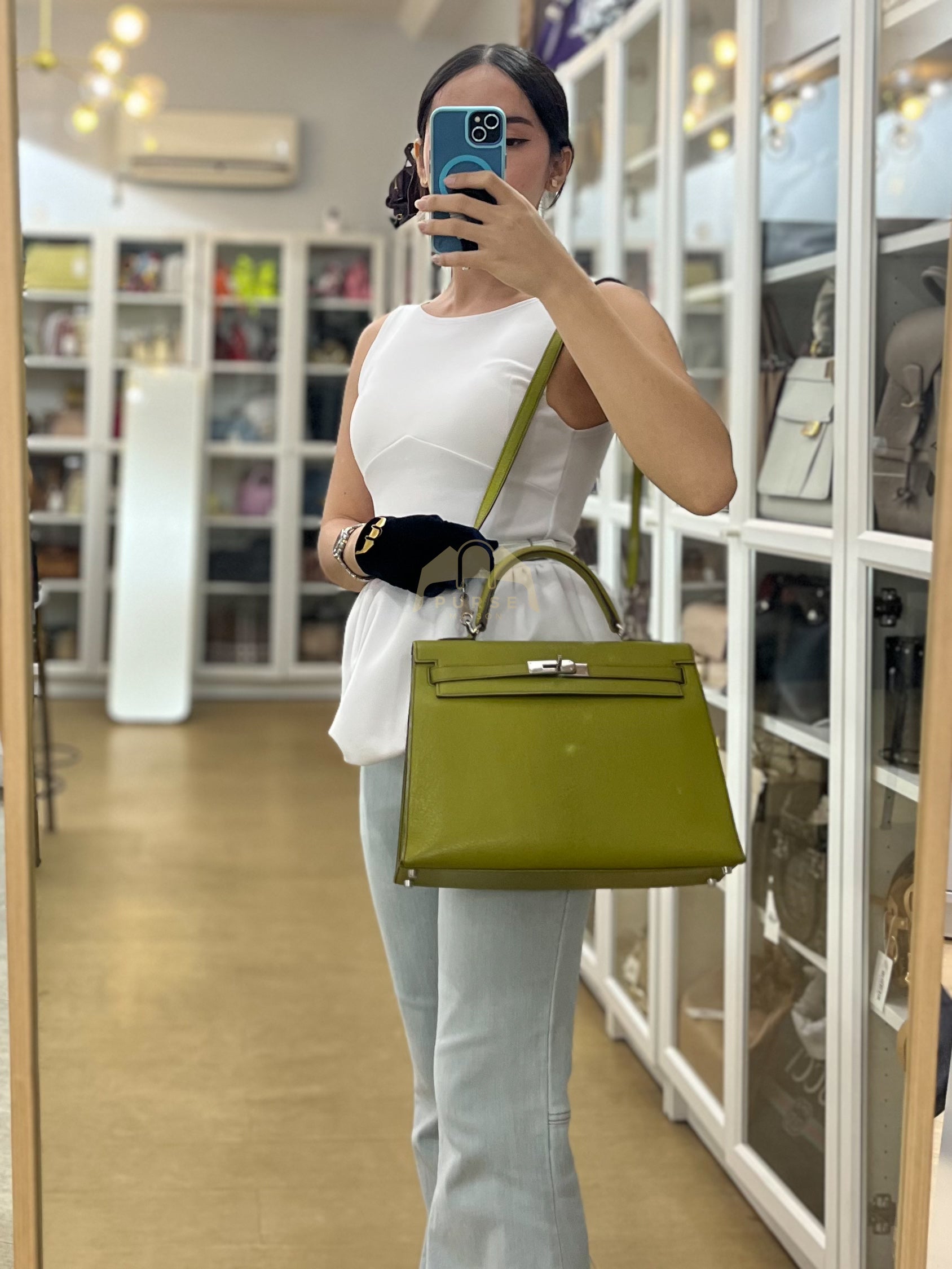 Kelly 32 Sellier Vert Anis Chevre Mysore in Palladium Hardware Stamp K Square (2007) | Purse Maison Luxury Bags Shop