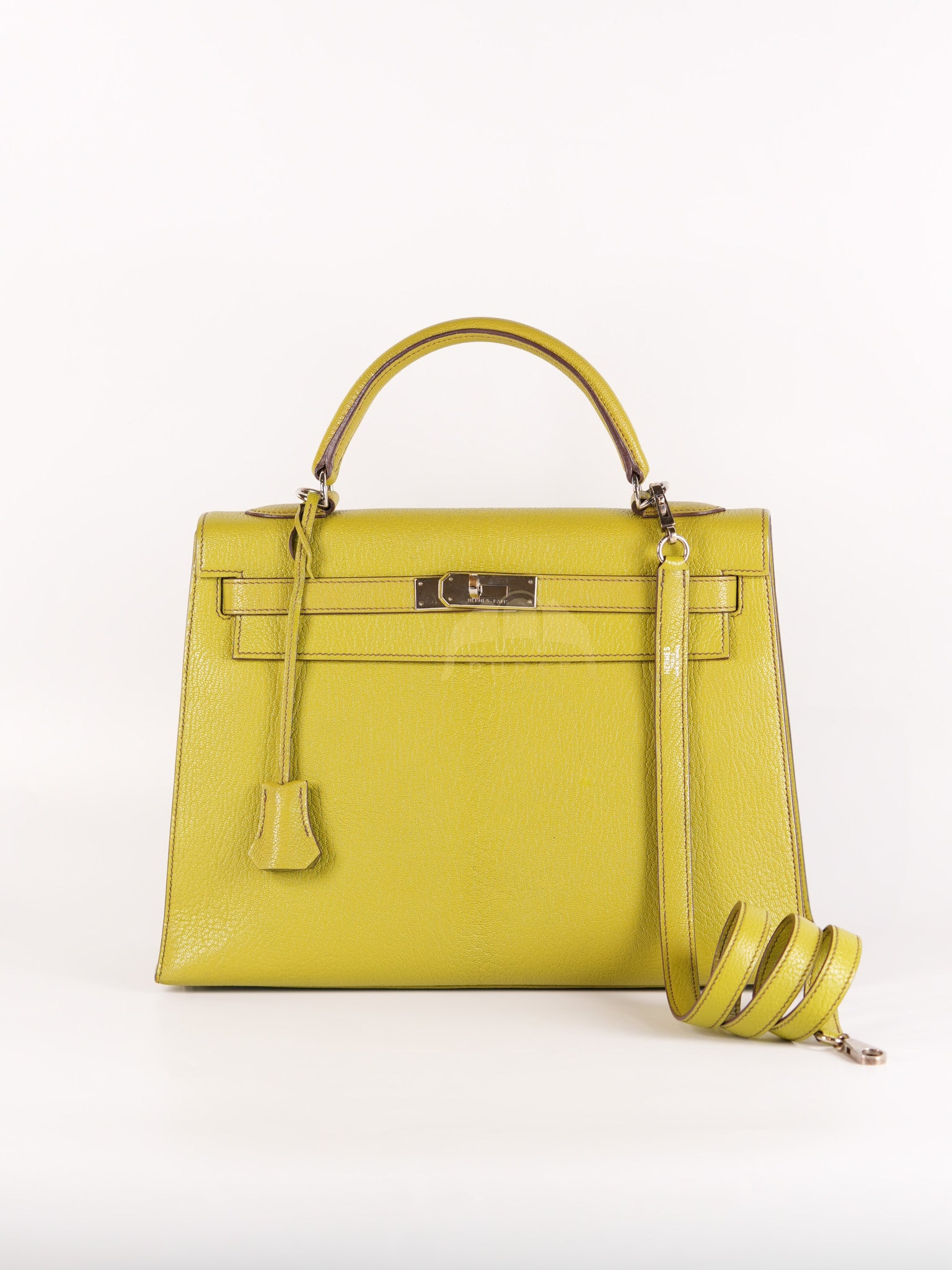 Kelly 32 Sellier Vert Anis Chevre Mysore in Palladium Hardware Stamp K Square (2007) | Purse Maison Luxury Bags Shop