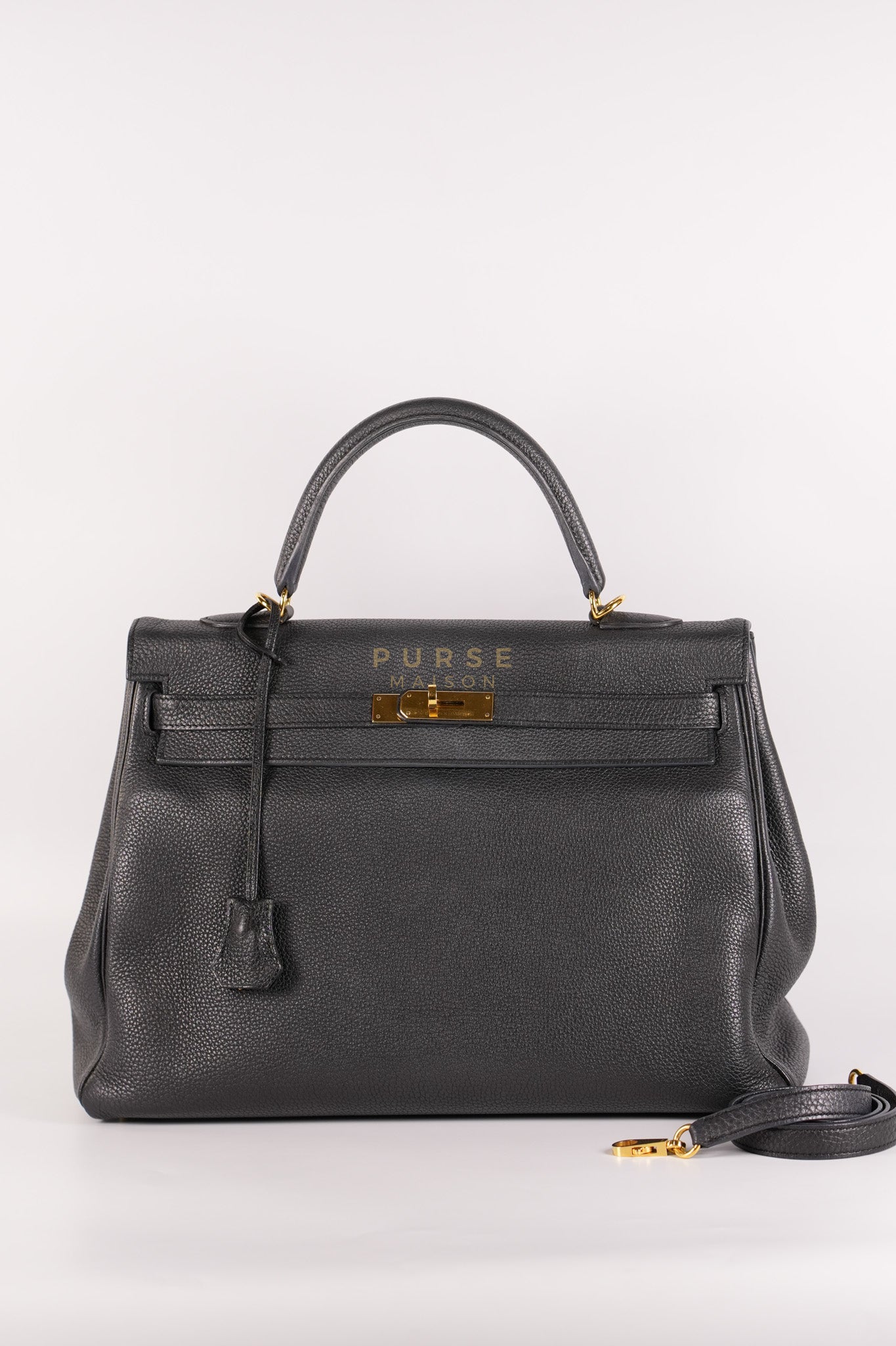 Kelly 35 Retourne Black in Togo Leather and Gold Hardware Stamp Square Q (2013) | Purse Maison Luxury Bags Shop