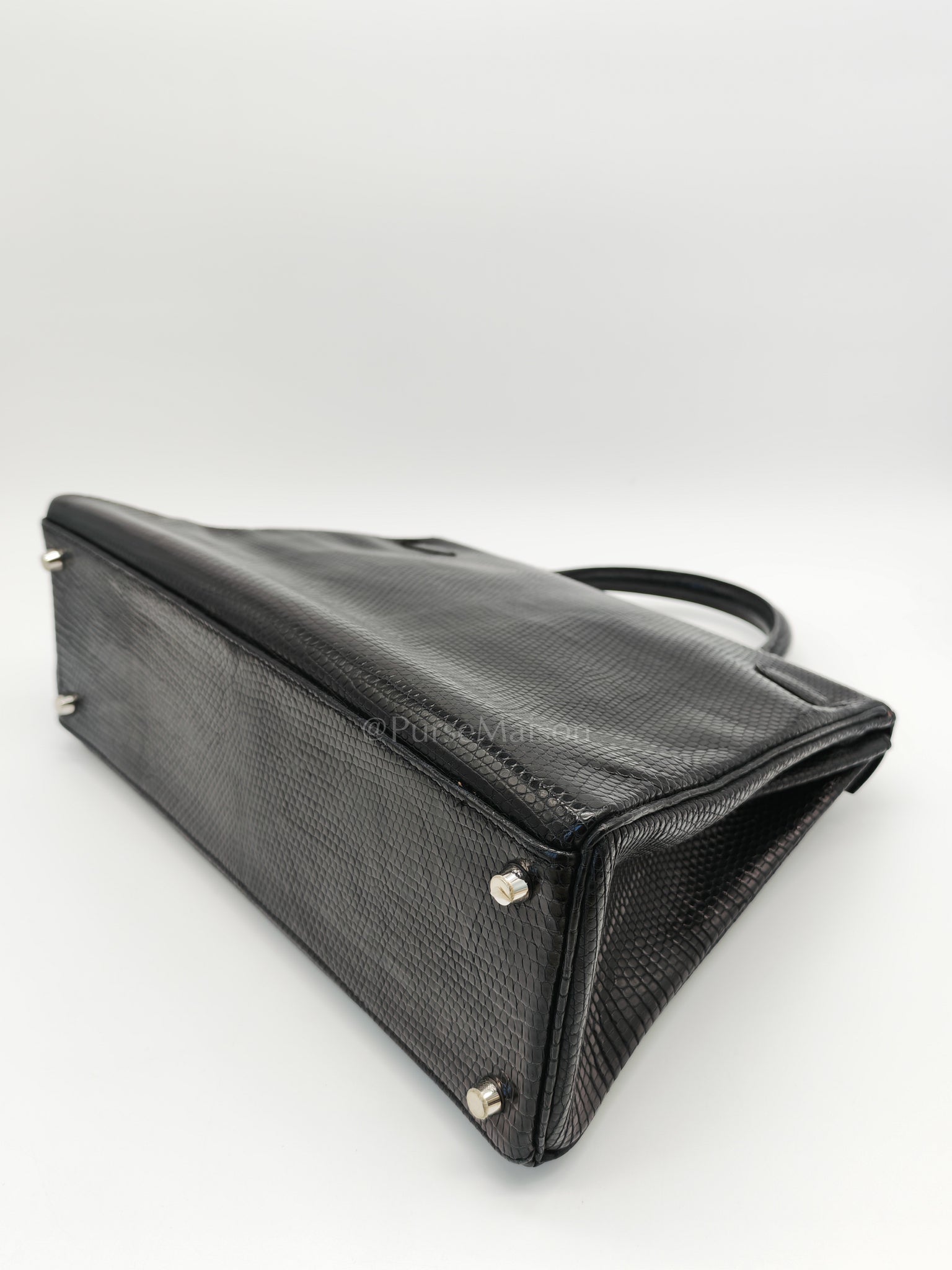 Kelly 35 Retourne in Black Lizard Leather and Palladium Hardware Stamp Square O (2011) | Purse Maison Luxury Bags Shop