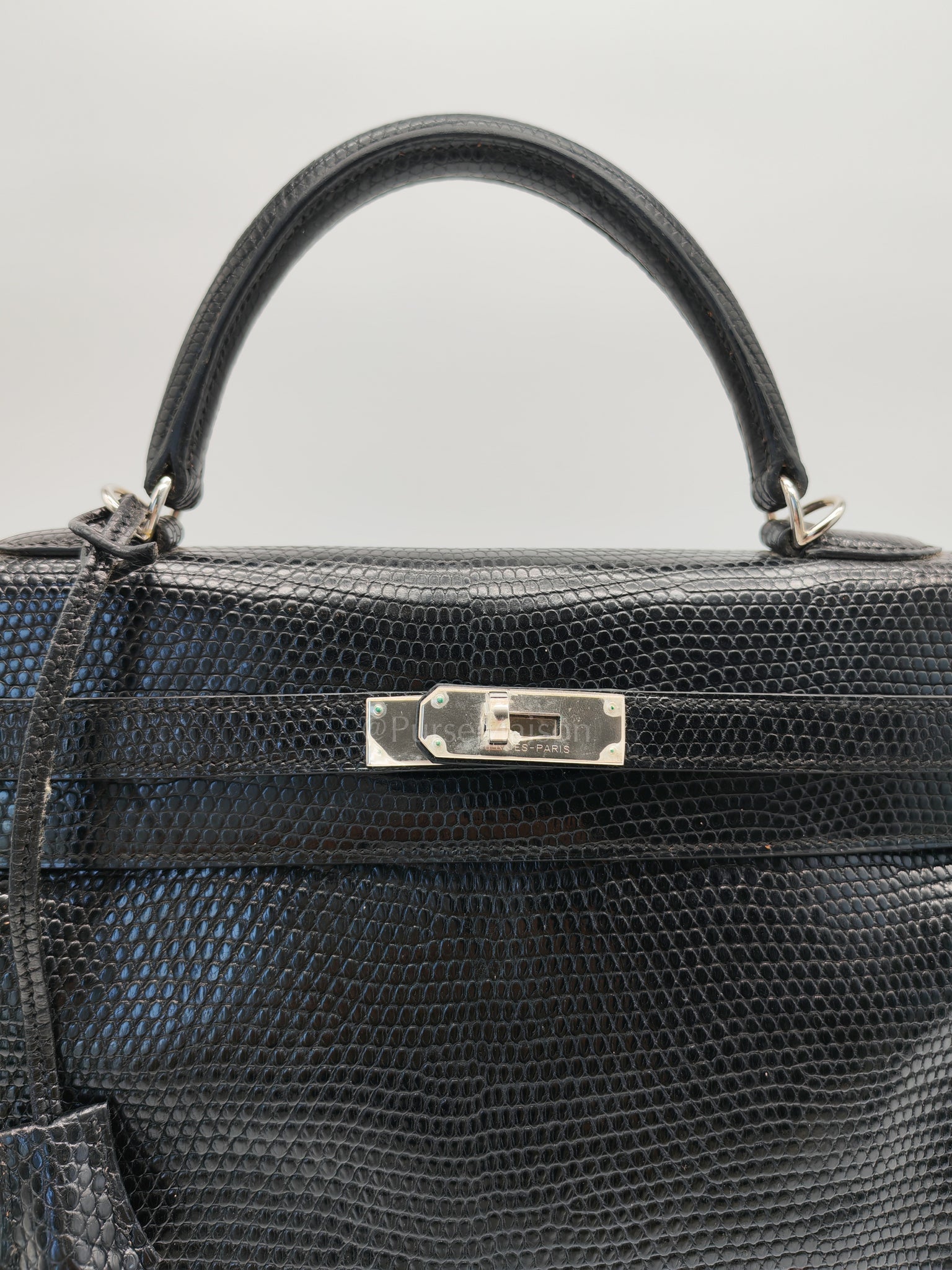 Kelly 35 Retourne in Black Lizard Leather and Palladium Hardware Stamp Square O (2011) | Purse Maison Luxury Bags Shop