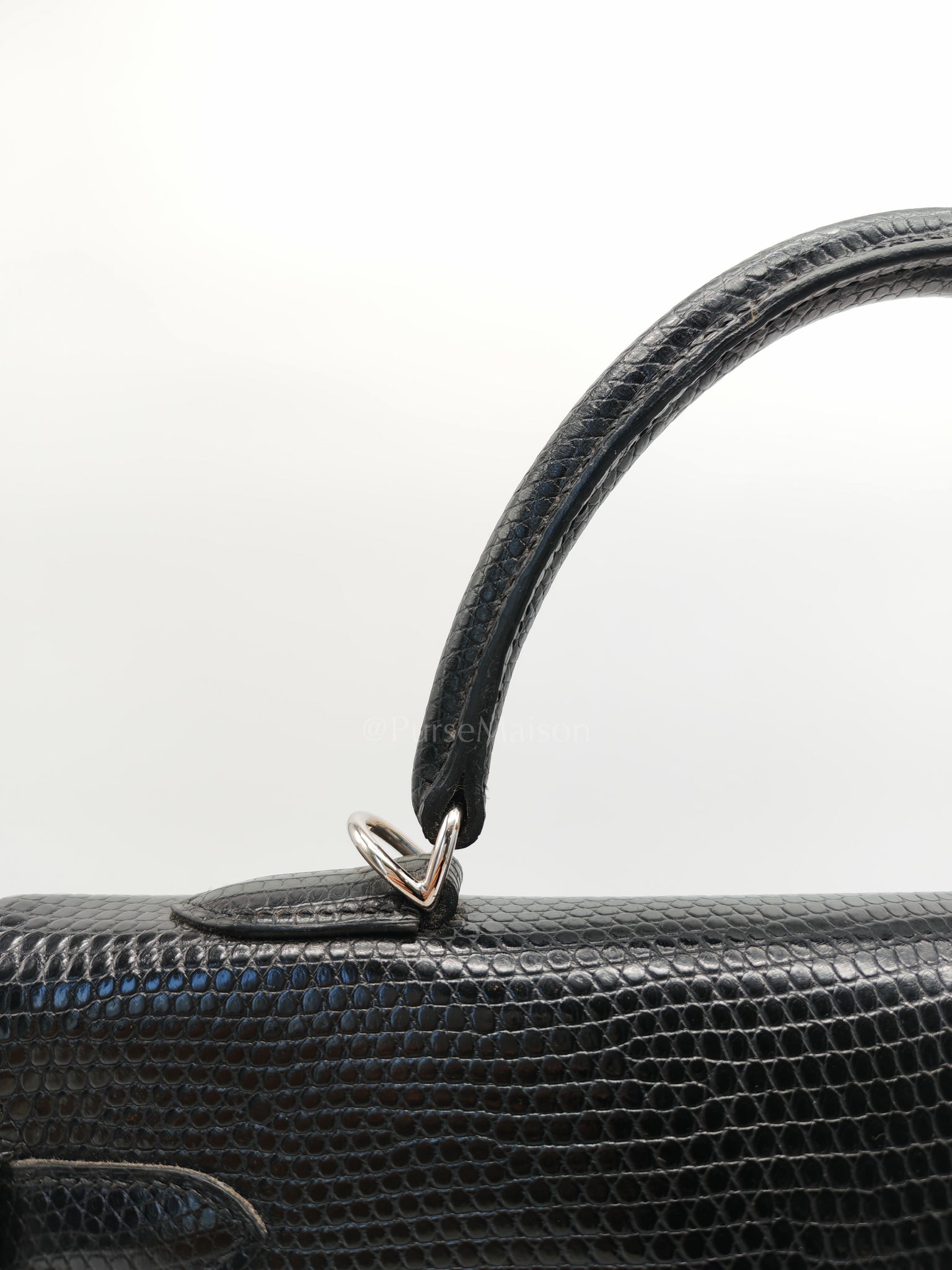 Kelly 35 Retourne in Black Lizard Leather and Palladium Hardware Stamp Square O (2011) | Purse Maison Luxury Bags Shop