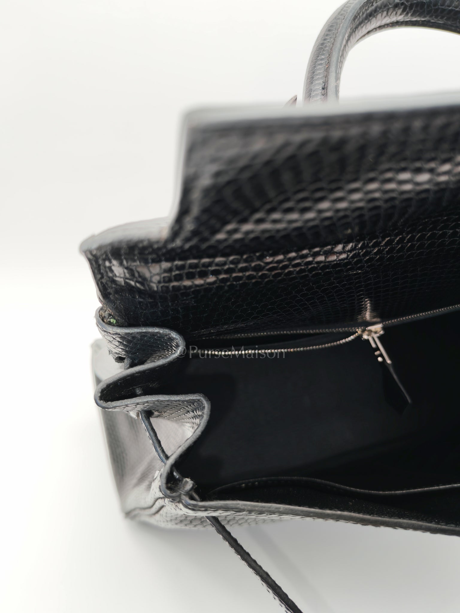 Kelly 35 Retourne in Black Lizard Leather and Palladium Hardware Stamp Square O (2011) | Purse Maison Luxury Bags Shop