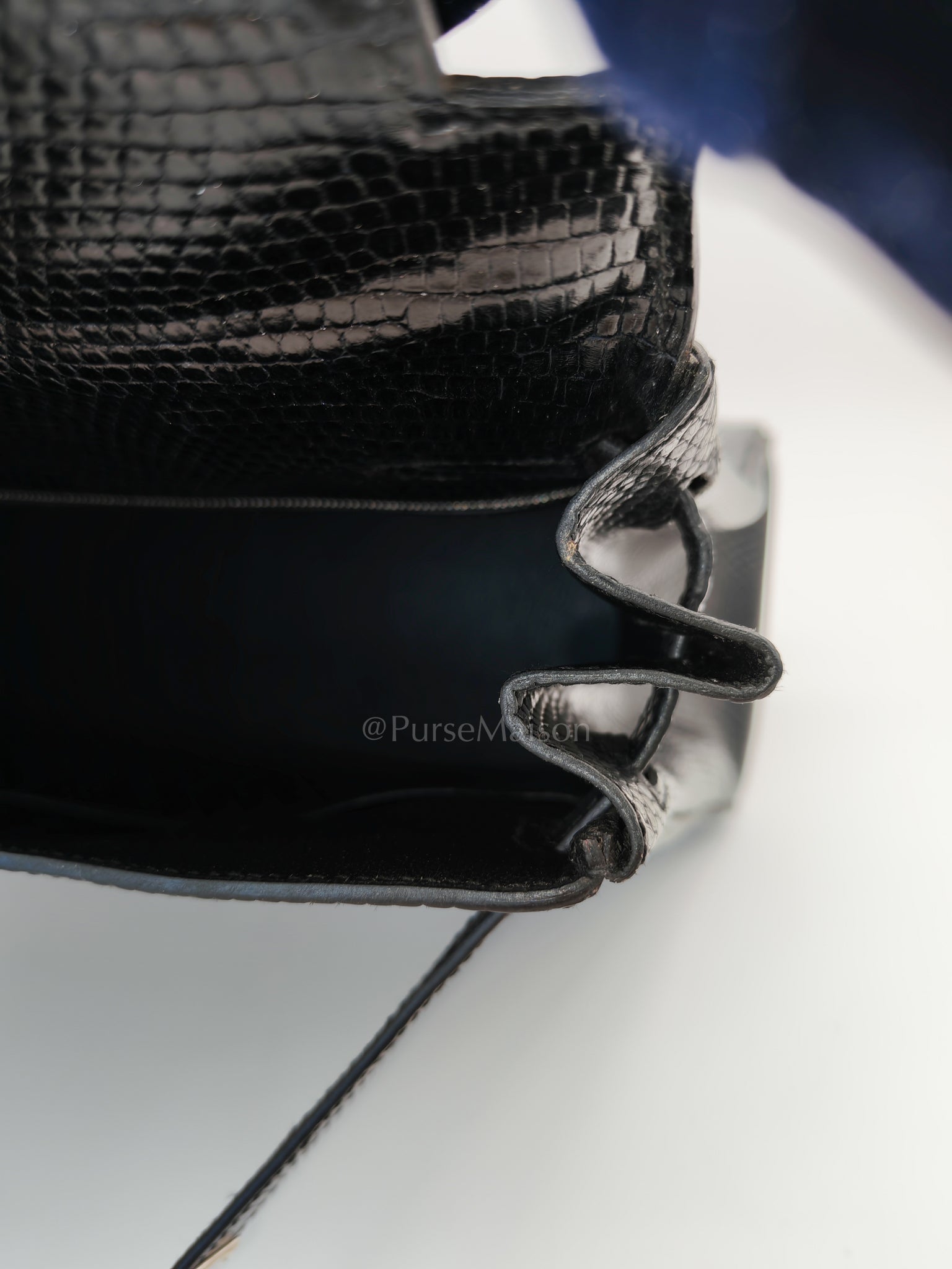 Kelly 35 Retourne in Black Lizard Leather and Palladium Hardware Stamp Square O (2011) | Purse Maison Luxury Bags Shop