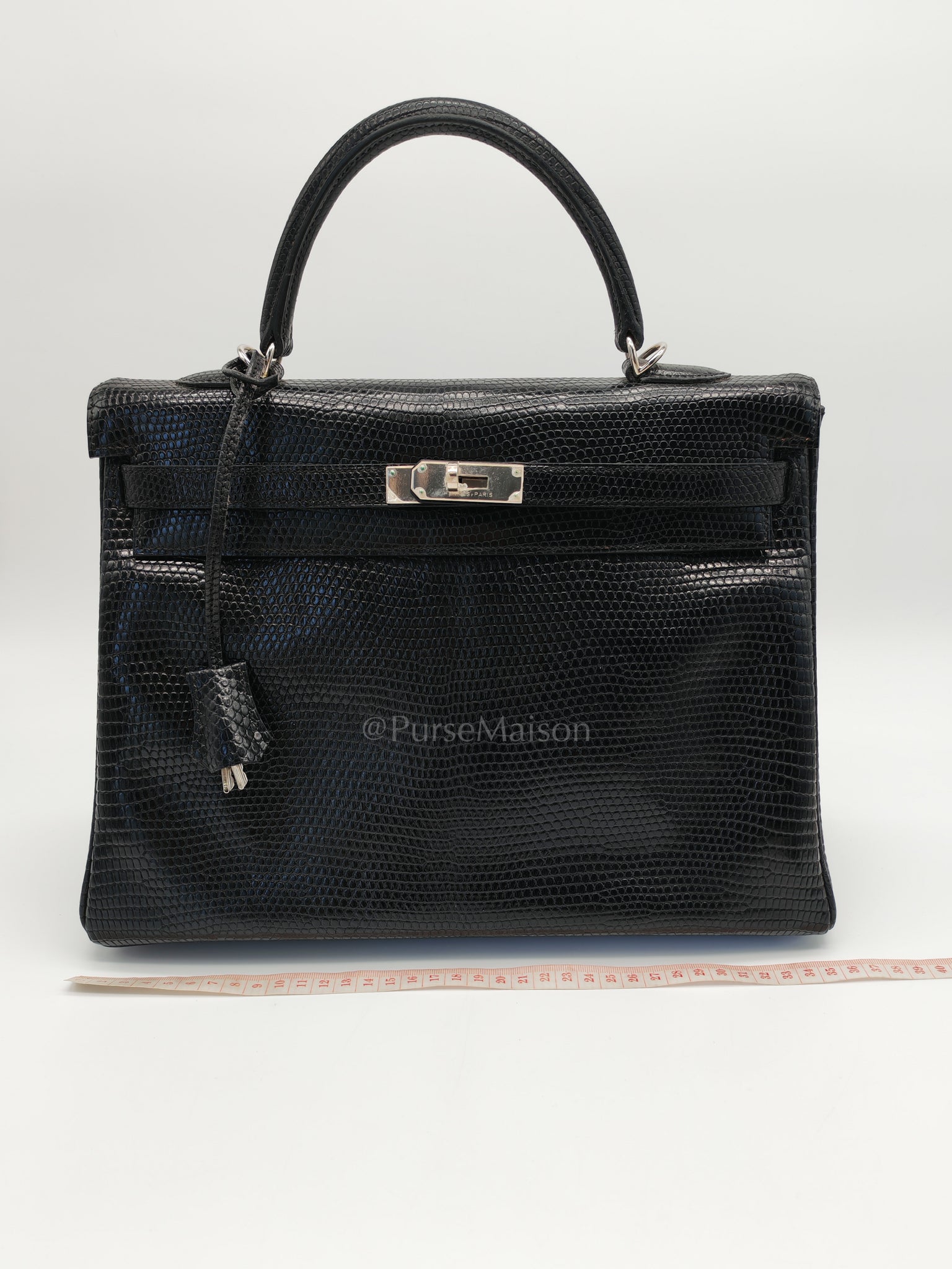 Kelly 35 Retourne in Black Lizard Leather and Palladium Hardware Stamp Square O (2011) | Purse Maison Luxury Bags Shop
