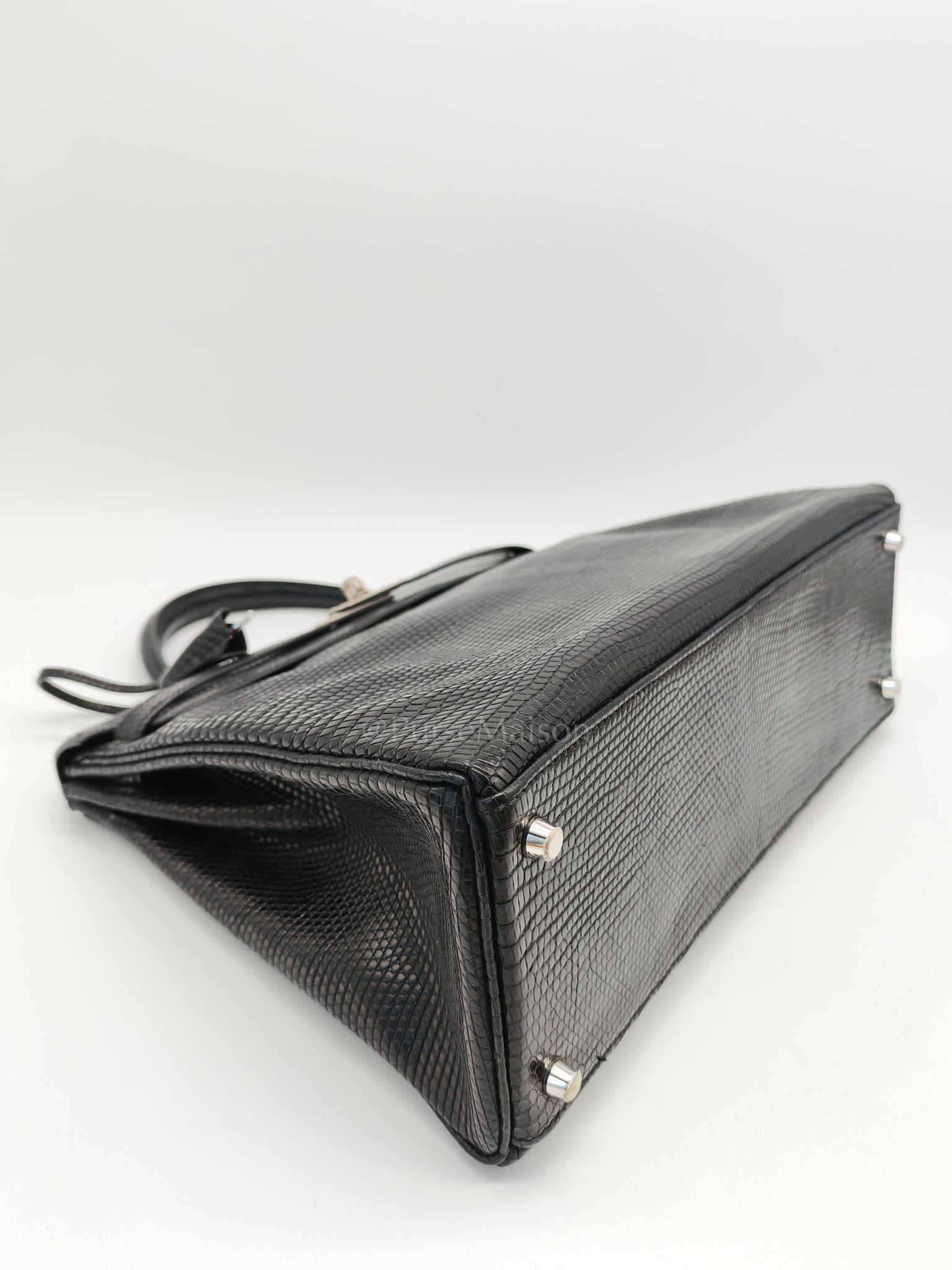 Kelly 35 Retourne in Black Lizard Leather and Palladium Hardware Stamp Square O (2011) | Purse Maison Luxury Bags Shop