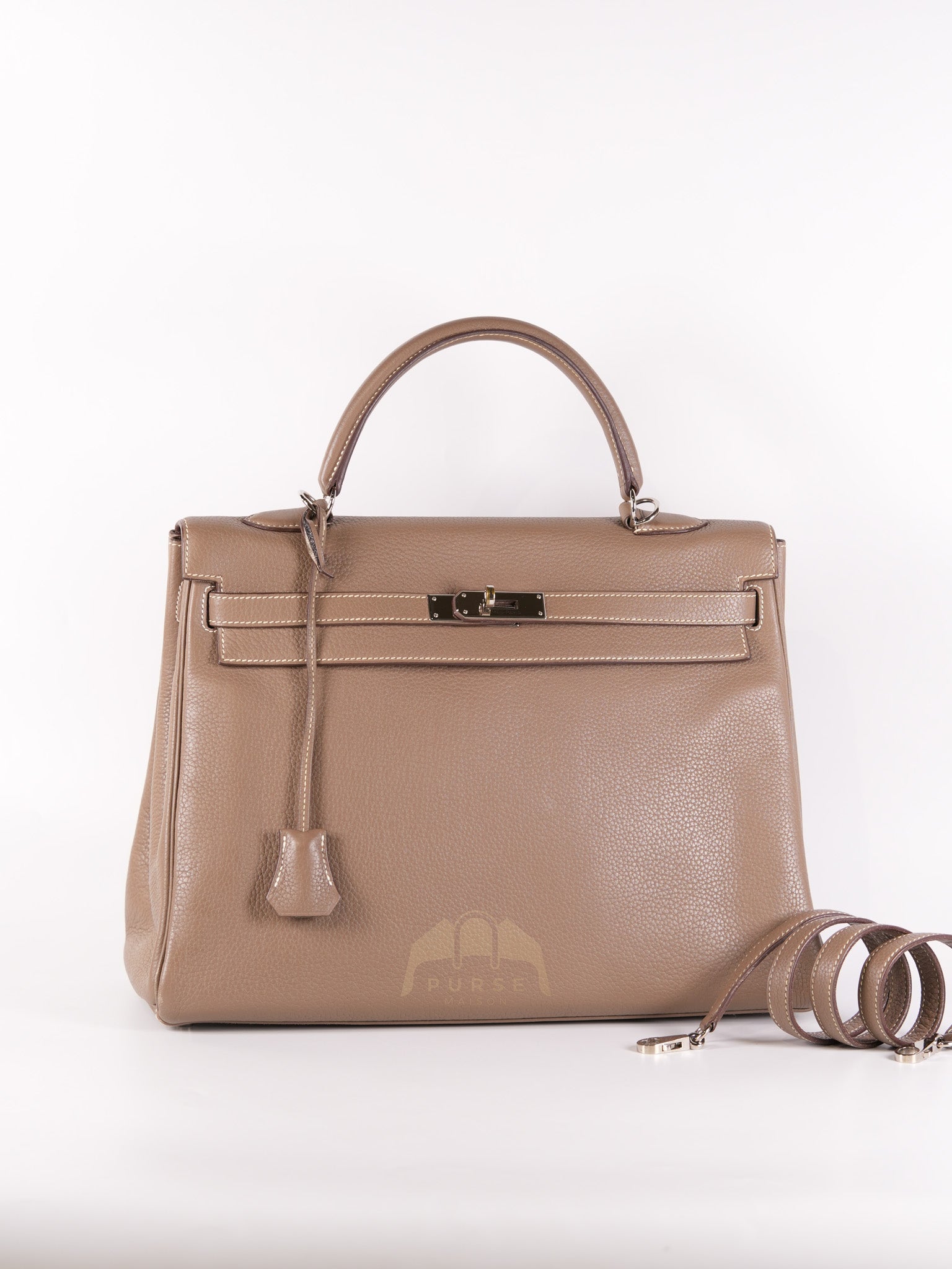 Kelly 35 Retourne in Etoupe Togo Leather and Palladium Hardware Stamp Square L (2008) | Purse Maison Luxury Bags Shop