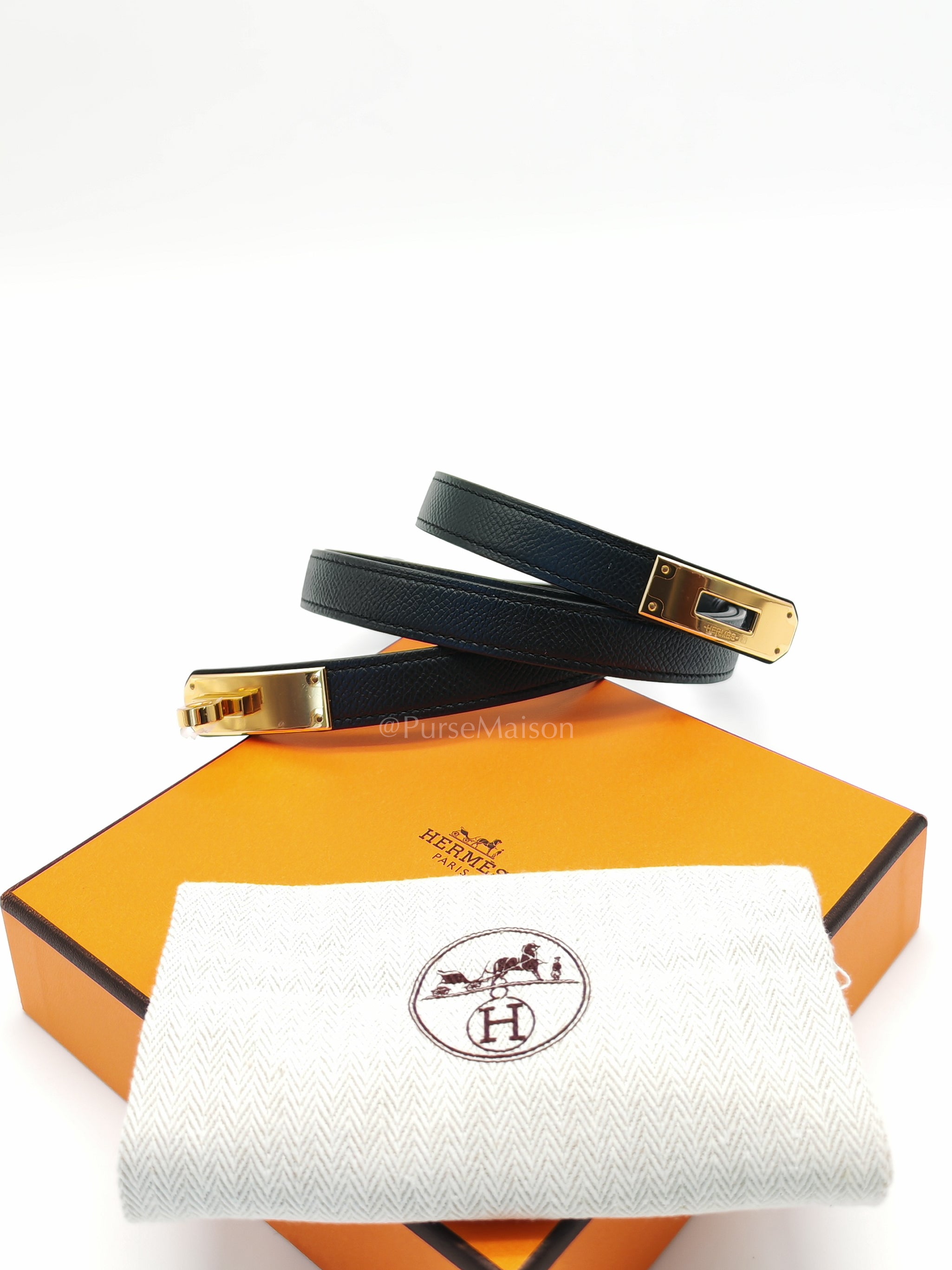 Kelly Belt In Black Epsom Leather & Gold Hardwware Stamp X (2016) | Purse Maison Luxury Bags Shop