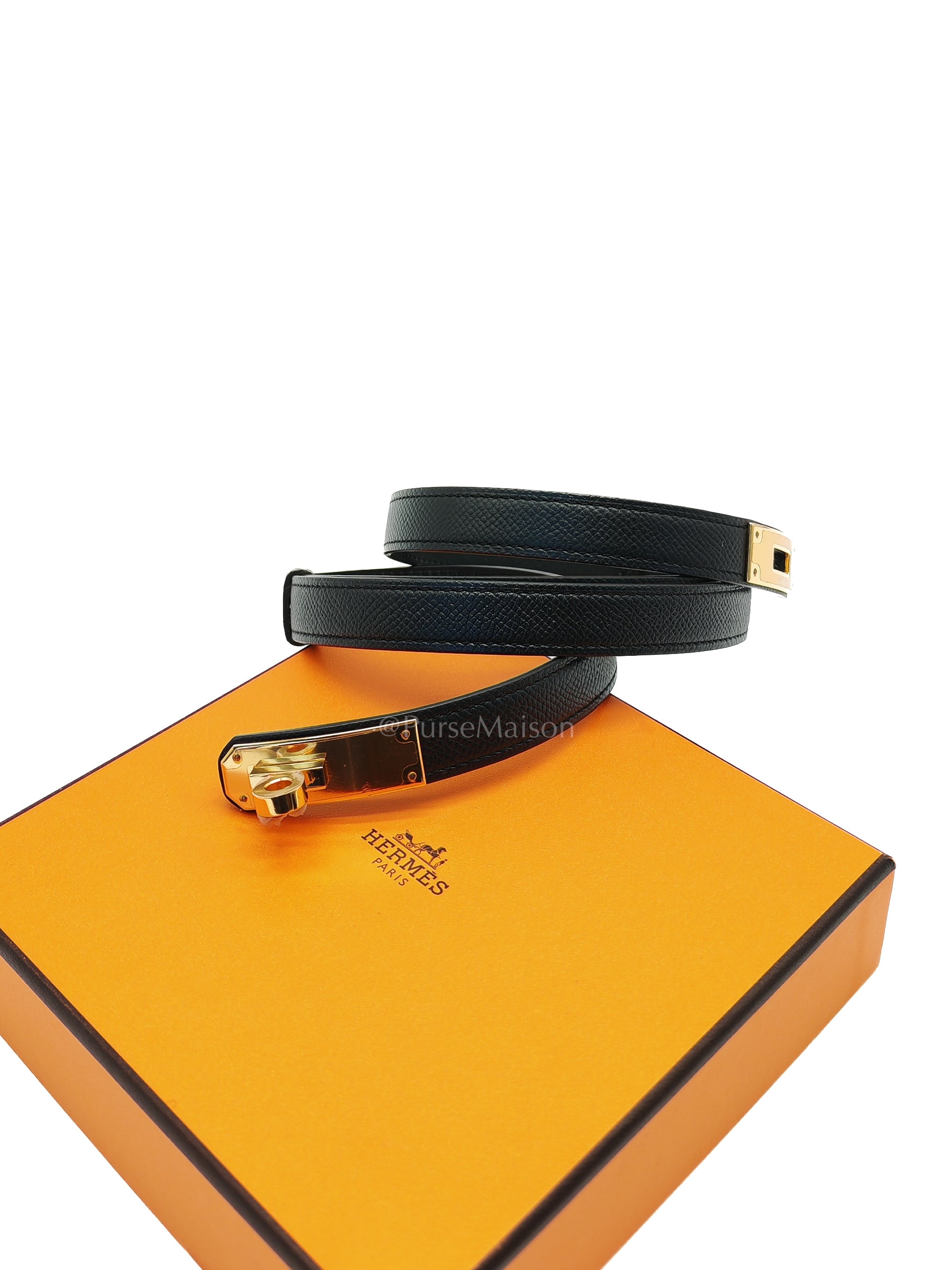 Kelly Belt In Black Epsom Leather & Gold Hardwware Stamp X (2016) | Purse Maison Luxury Bags Shop
