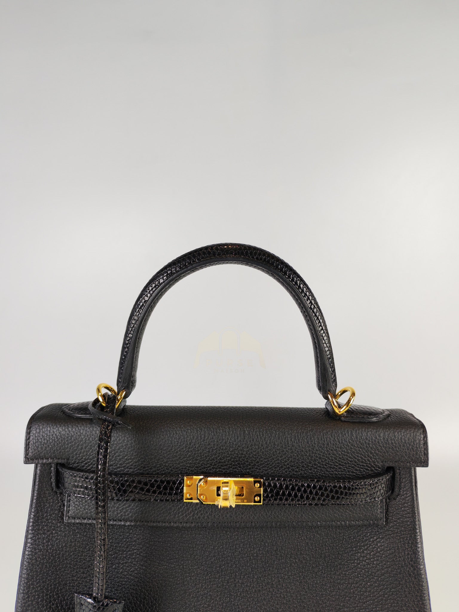 Kelly II 25 Retourne in Noir Togo Leather & Lizard Touch Gold Hardware Stamp B(2023) | Purse Maison Luxury Bags Shop