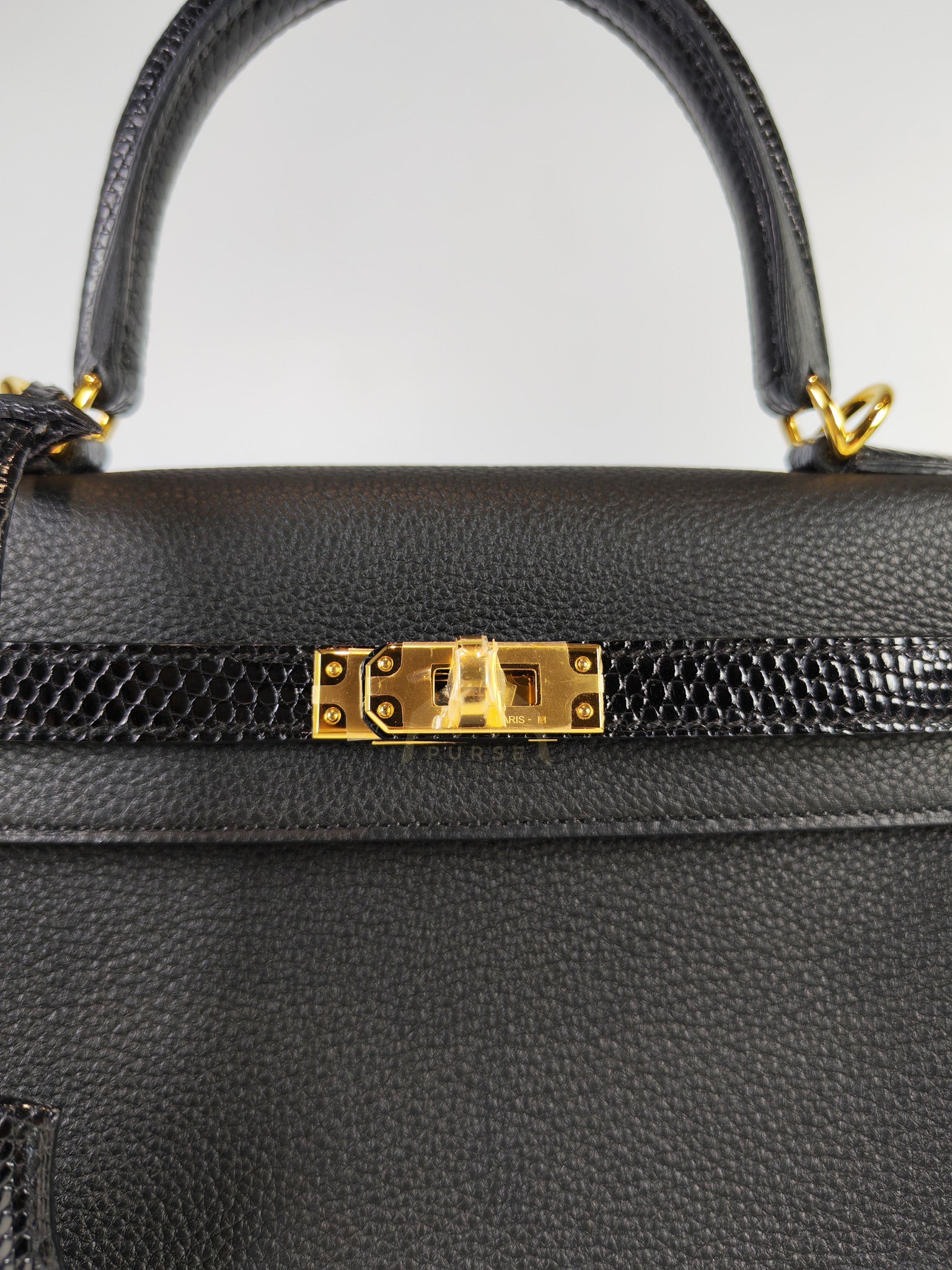 Kelly II 25 Retourne in Noir Togo Leather & Lizard Touch Gold Hardware Stamp B(2023) | Purse Maison Luxury Bags Shop