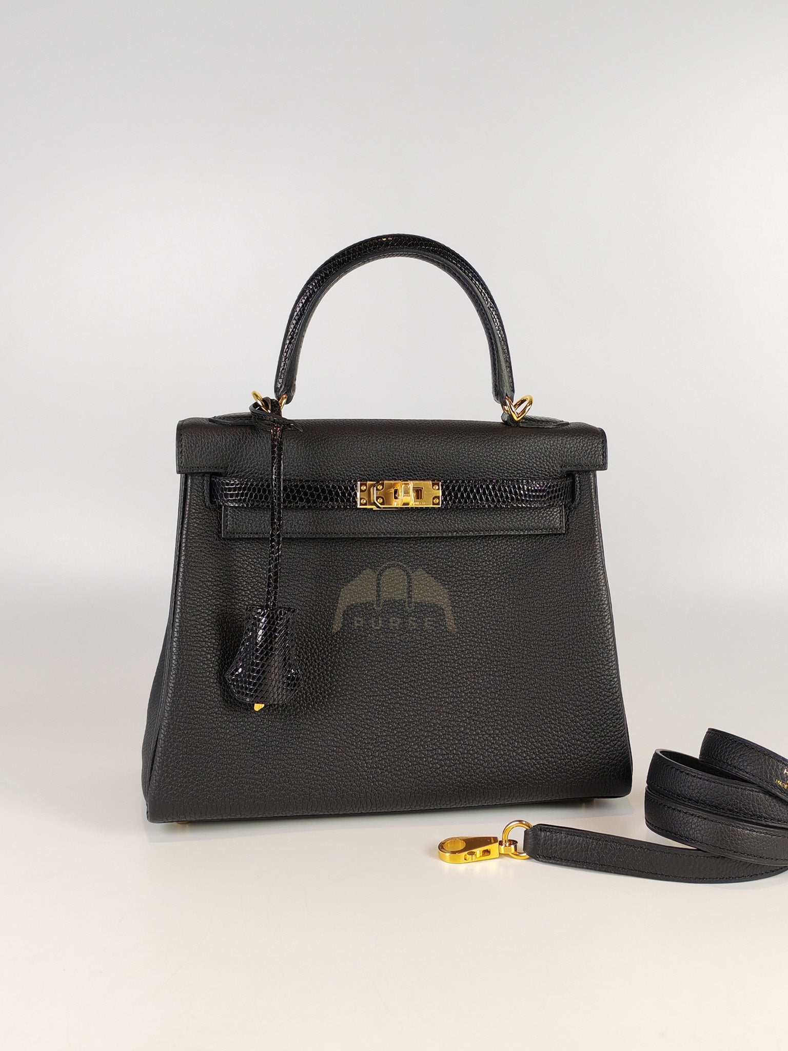 Kelly II 25 Retourne in Noir Togo Leather & Lizard Touch Gold Hardware Stamp B(2023) | Purse Maison Luxury Bags Shop