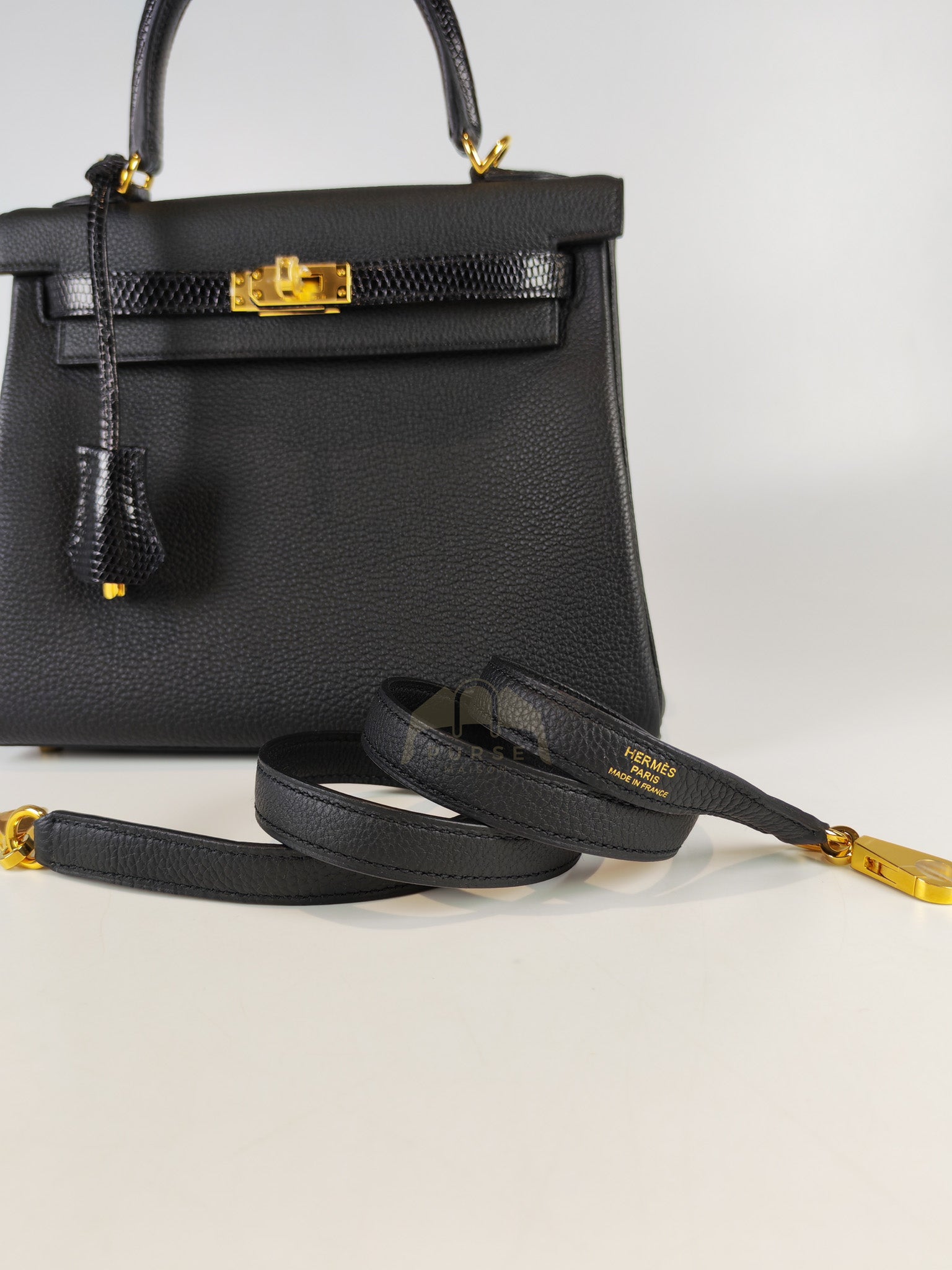 Kelly II 25 Retourne in Noir Togo Leather & Lizard Touch Gold Hardware Stamp B(2023) | Purse Maison Luxury Bags Shop
