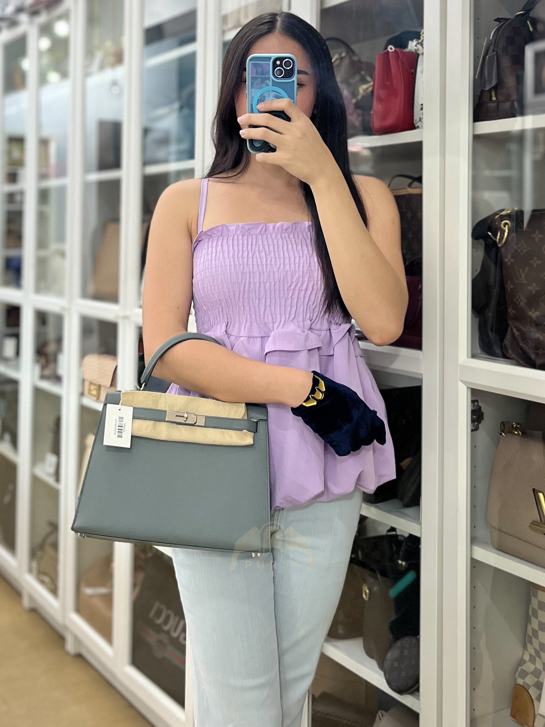 Kelly II Sellier 28 in Vert Amande Epsom Leather Palladium Hardware Stamp D(2019) | Purse Maison Luxury Bags Shop